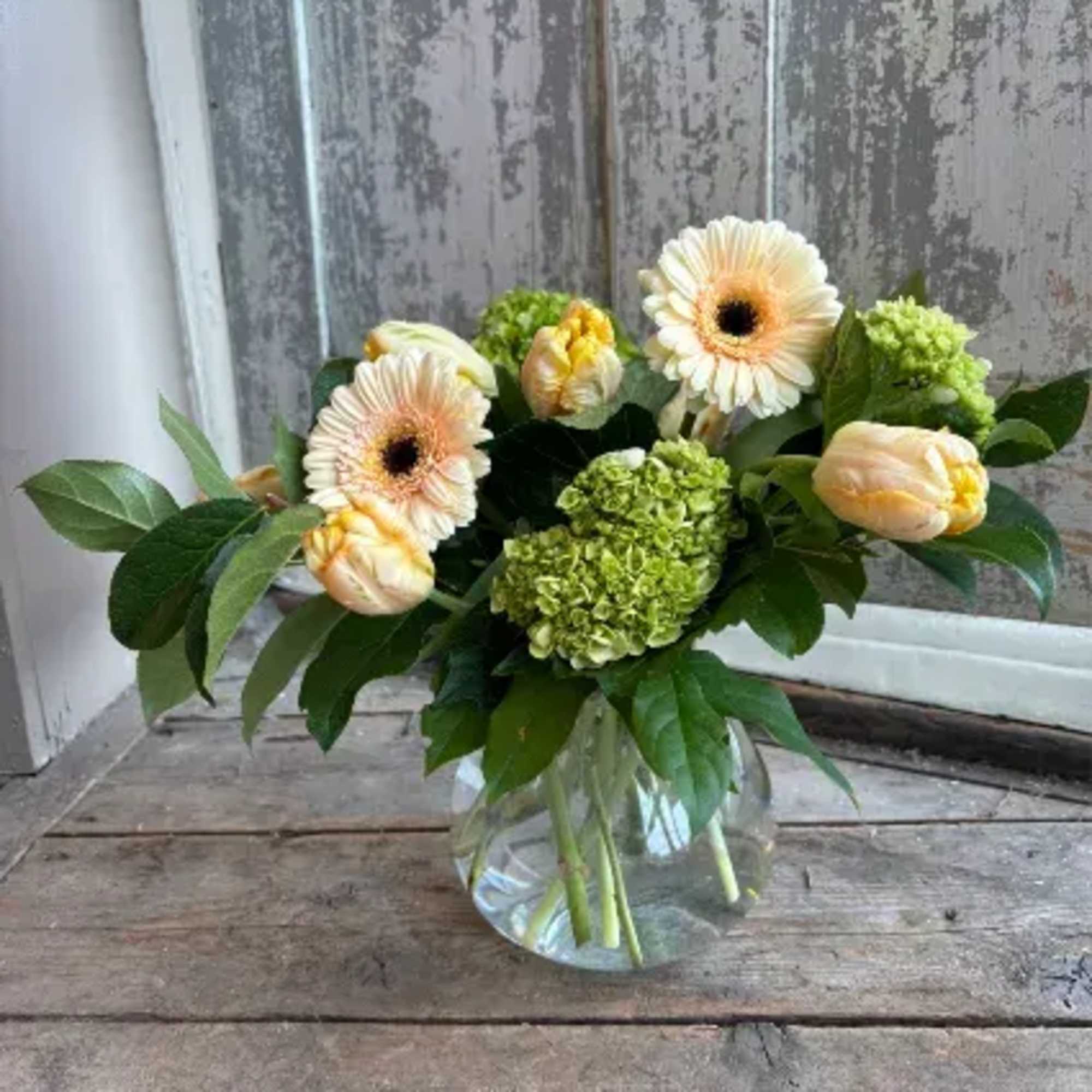 A sophisticated arrangement of soft colored blooms. Peach Gerber daisies, green hydrangeas