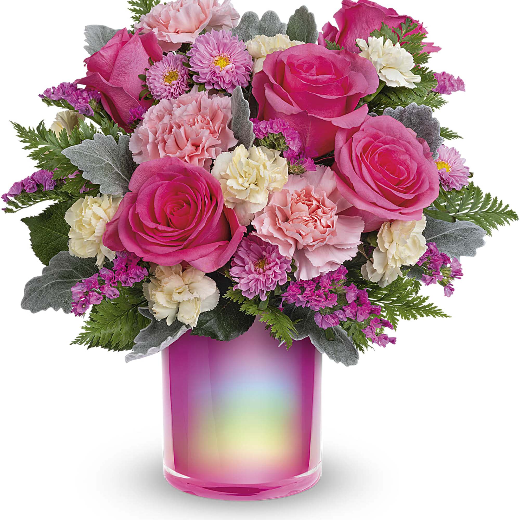 Pink roses and carnations in a pink iridescent vase