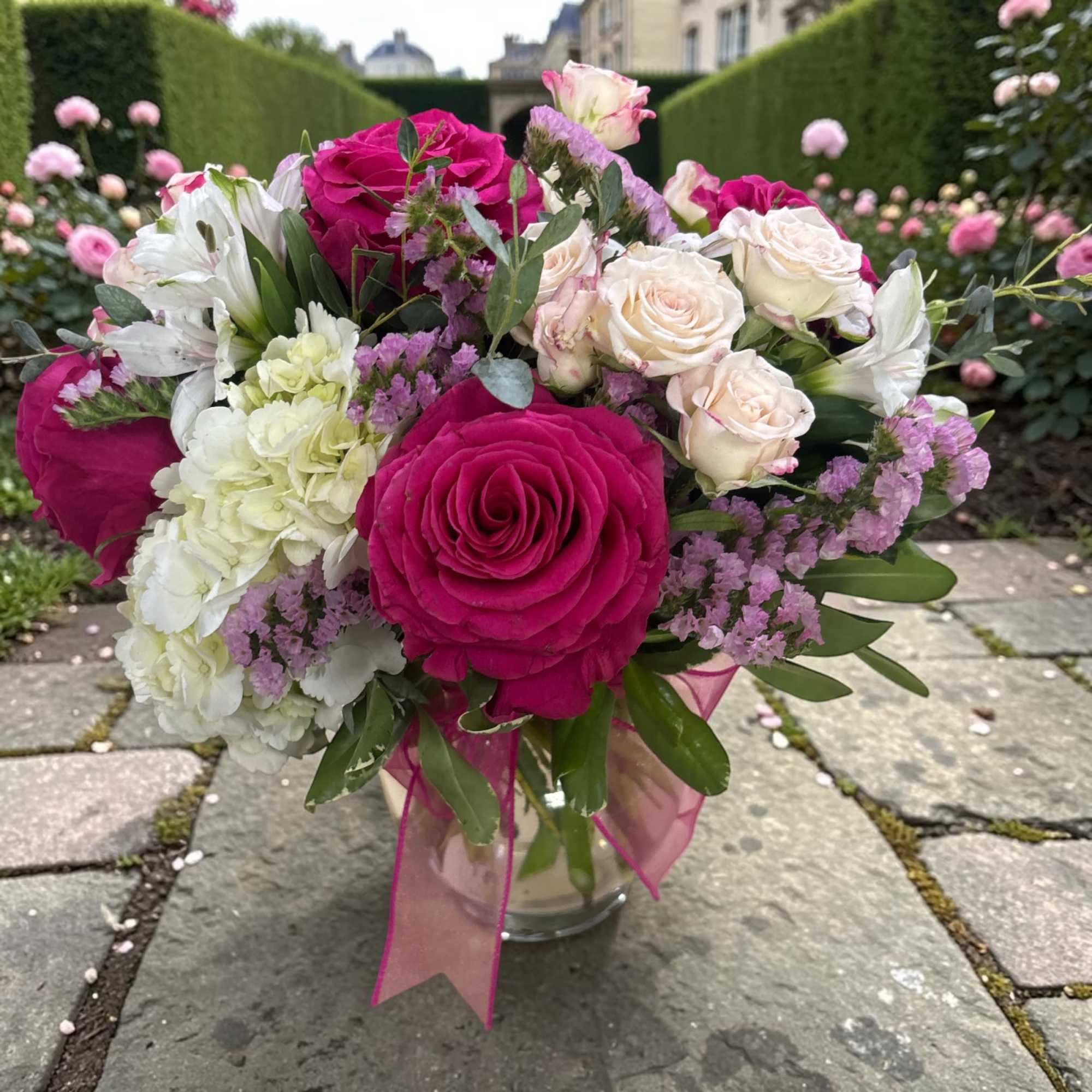 Kensington Gardens Standard is a romantic fresh flower arrangement inspired by elegant