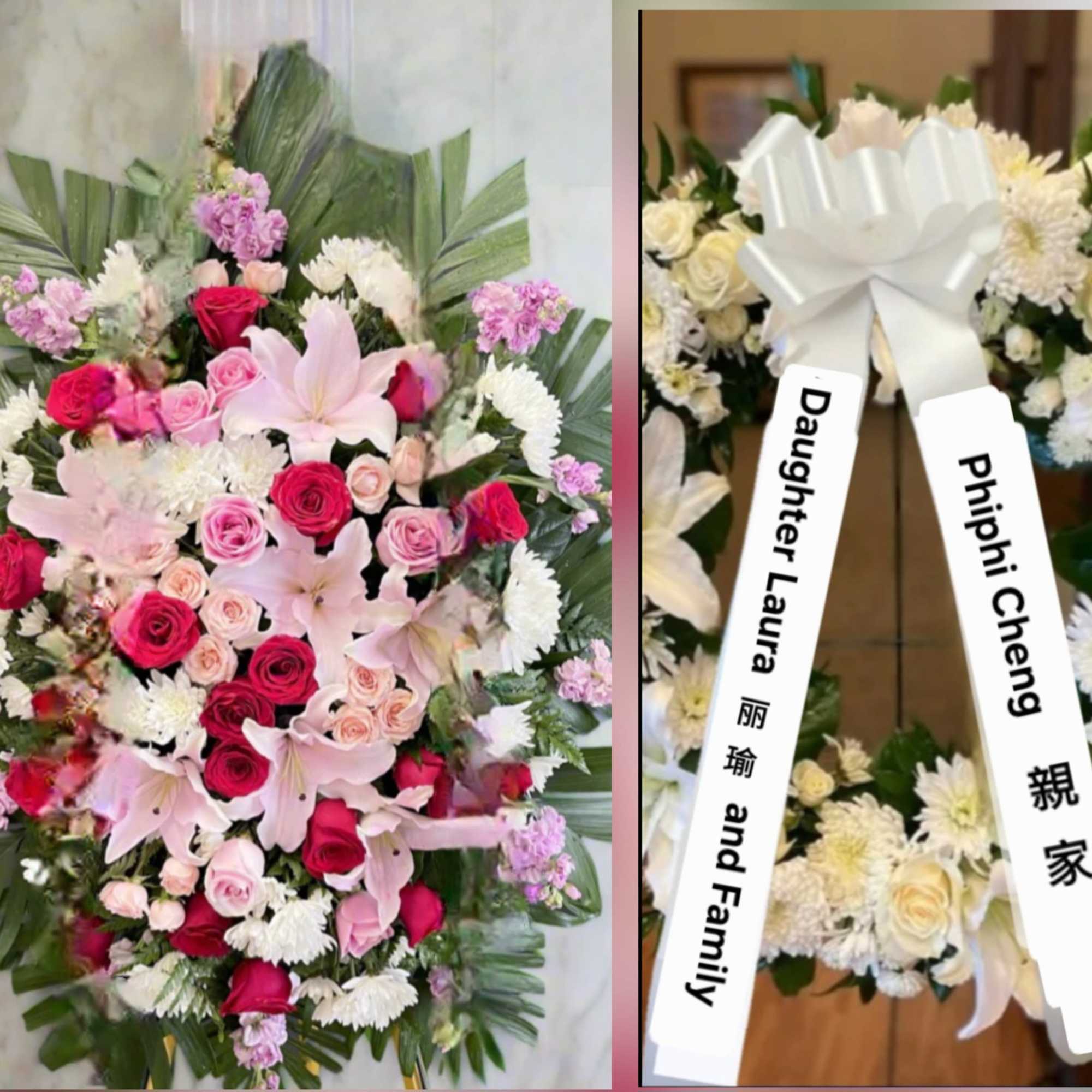 A lush standing wreath for sympathy and memorial services, this large floral