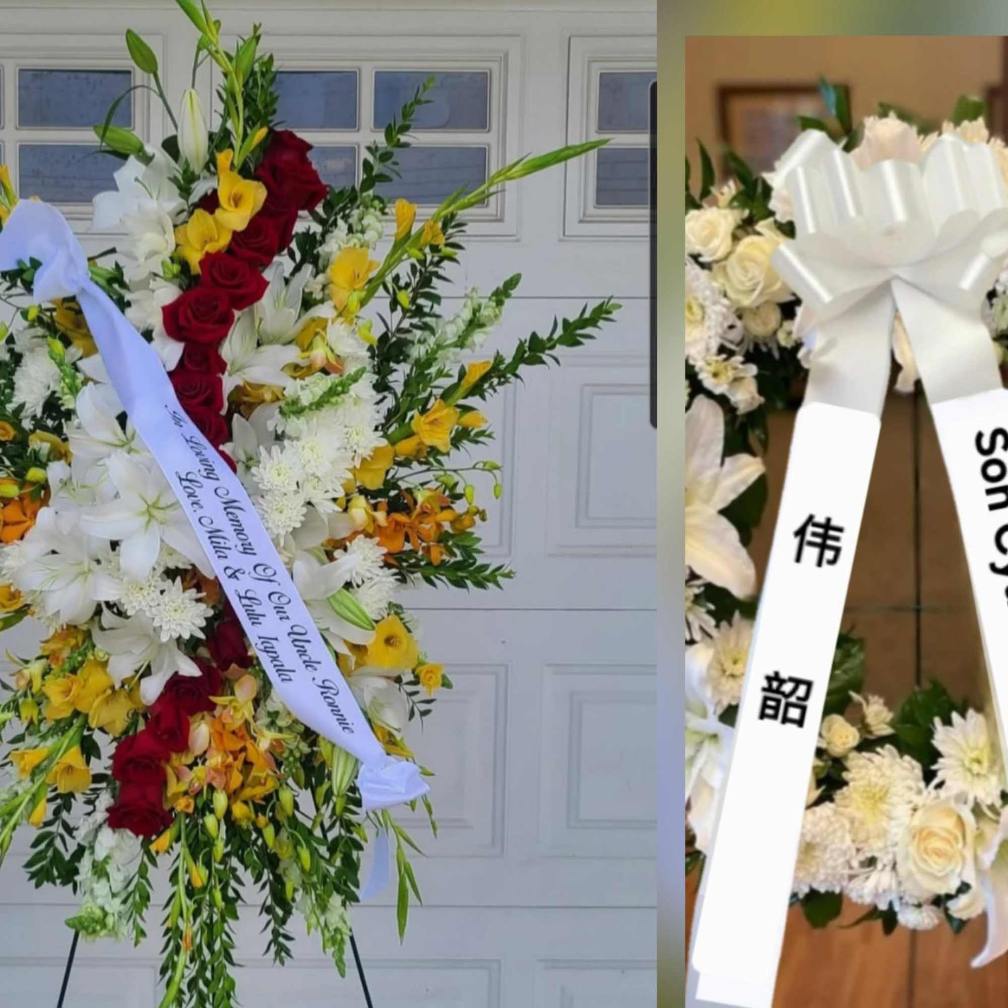 A tall, formal sympathy standing spray that combines deep red roses with