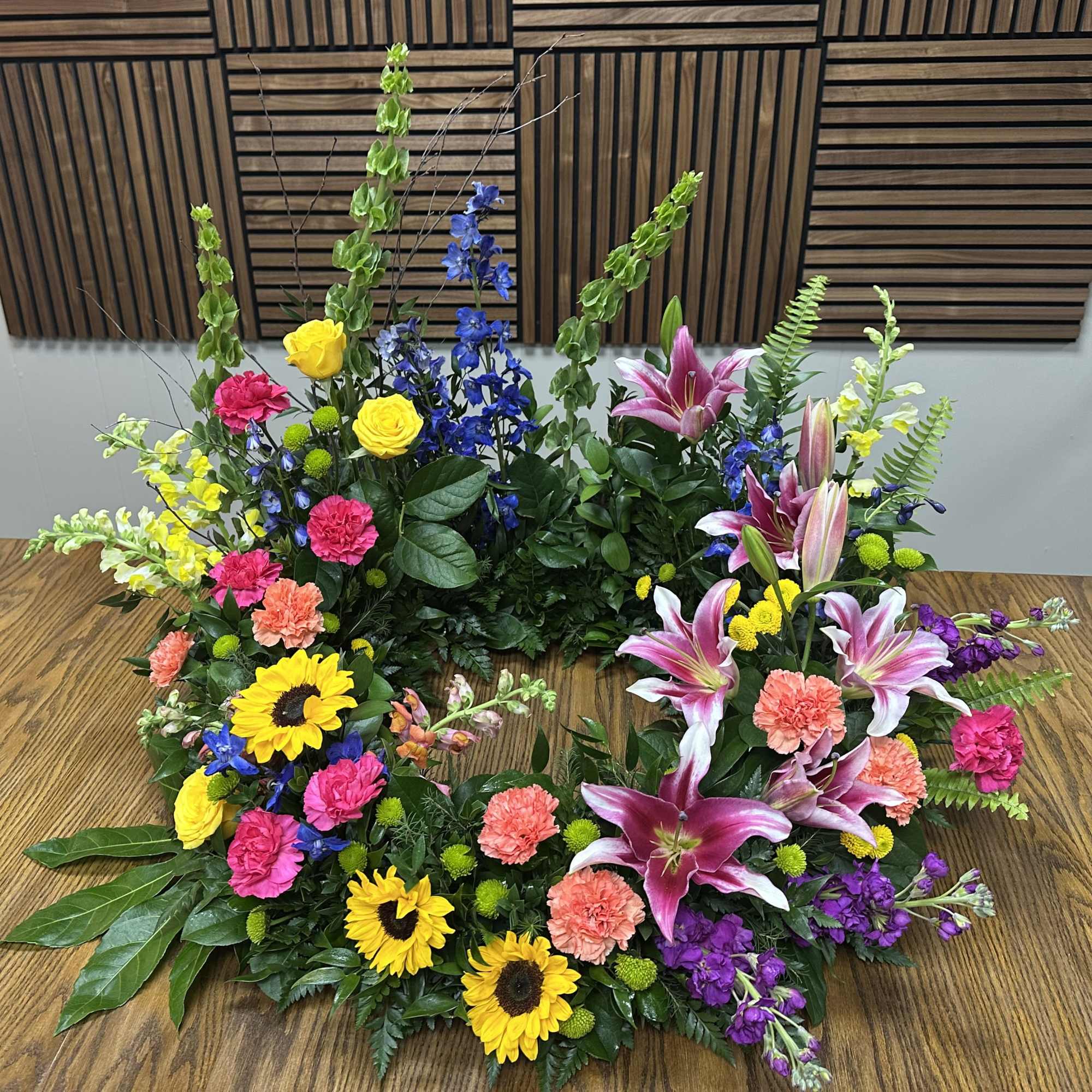 Cremation wreath full of vibrant colors