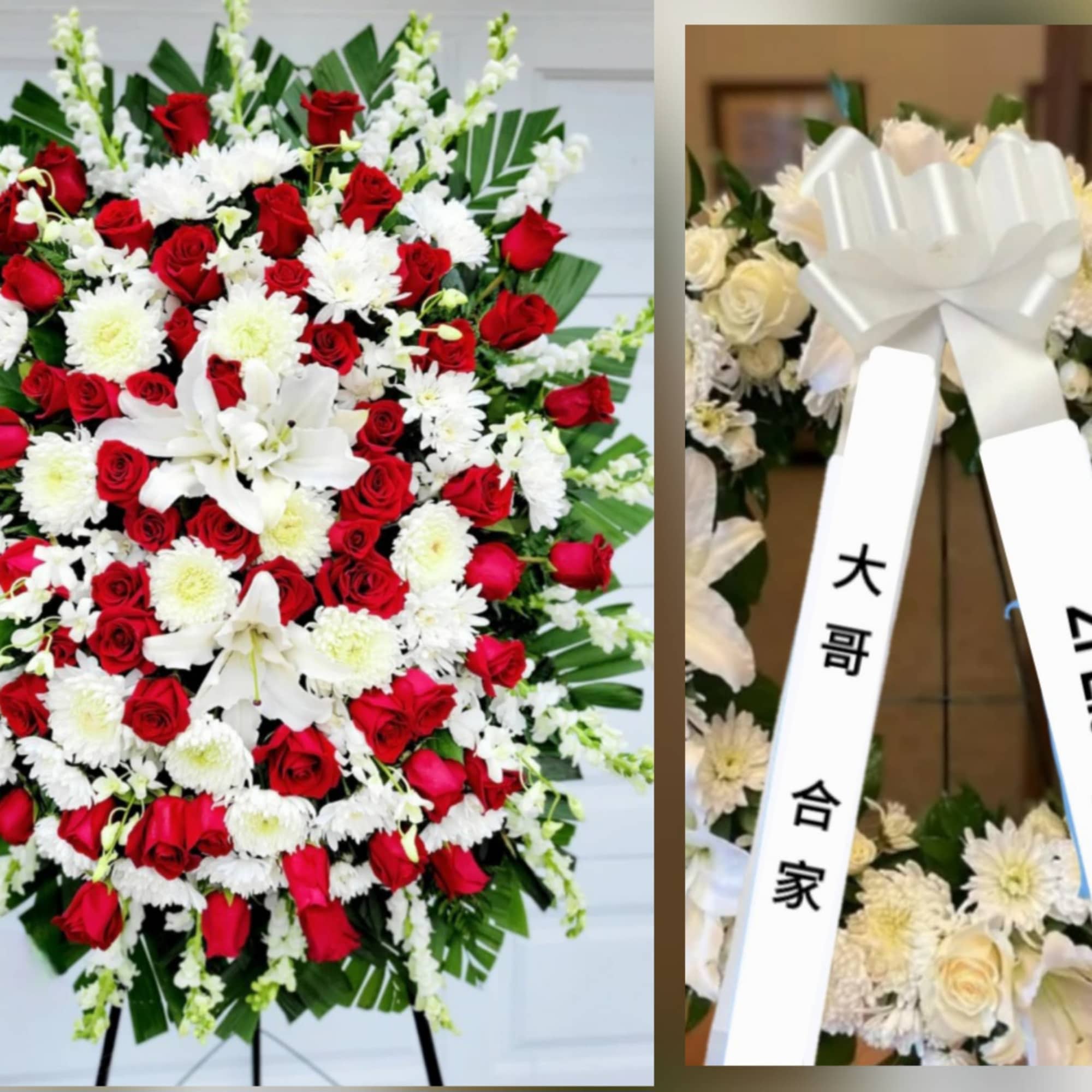 Dense clusters of two dozen red roses create a powerful, reverent focal