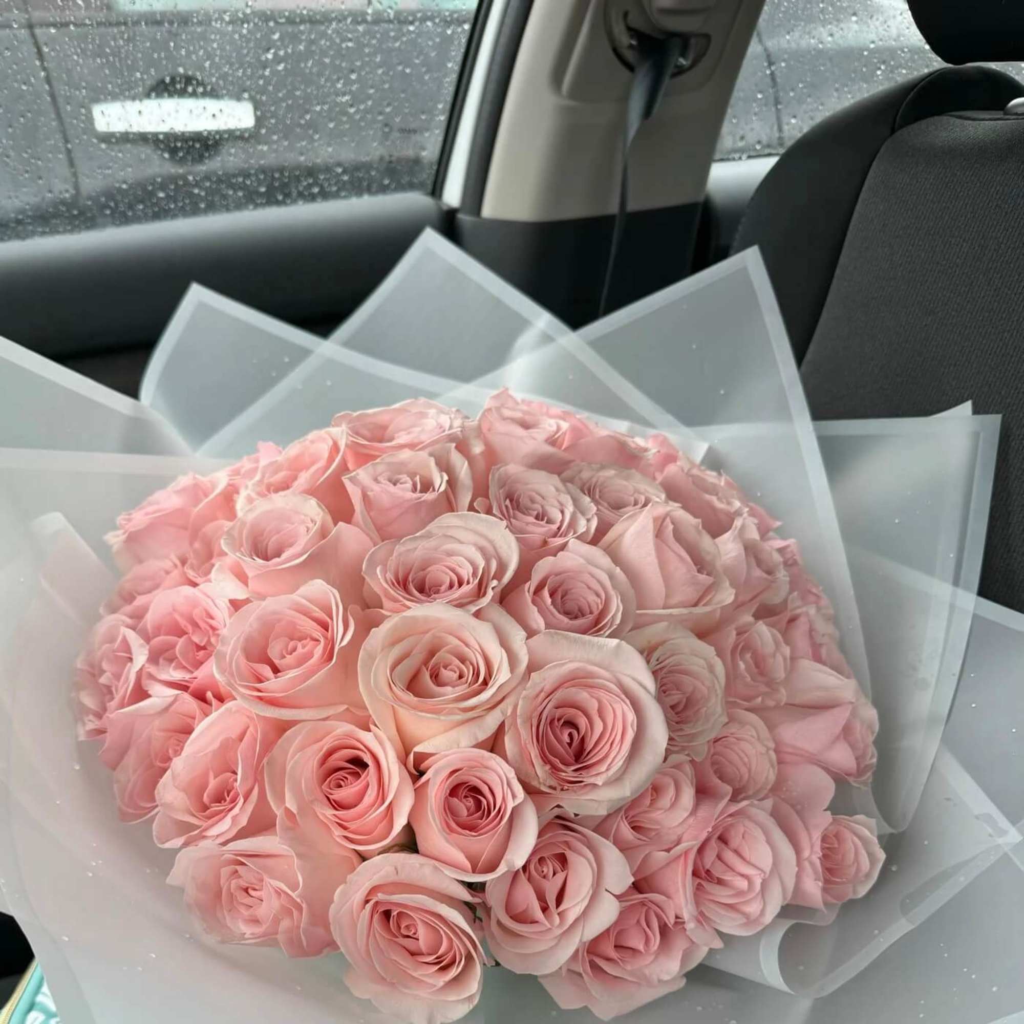 Bouquet of pale pink roses wrapped in translucent paper