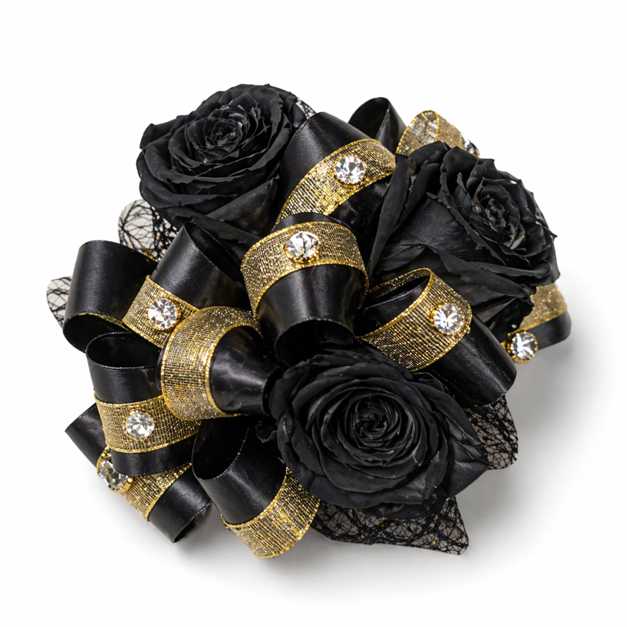 Three large black roses arranged as a bold wrist corsage make a