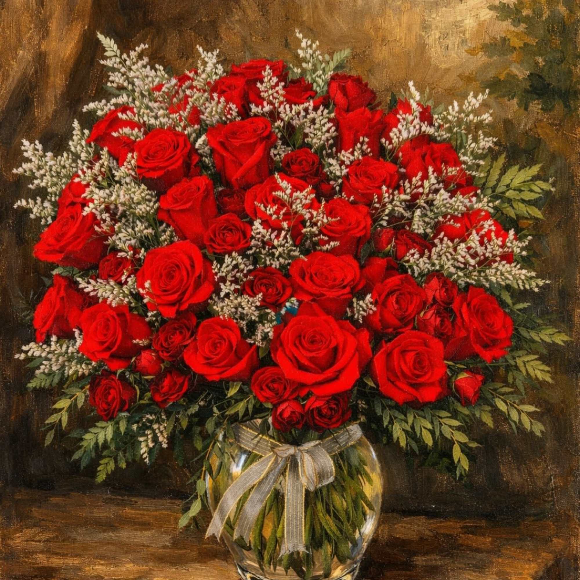 Bouquet of red roses in a clear glass vase with a ribbon