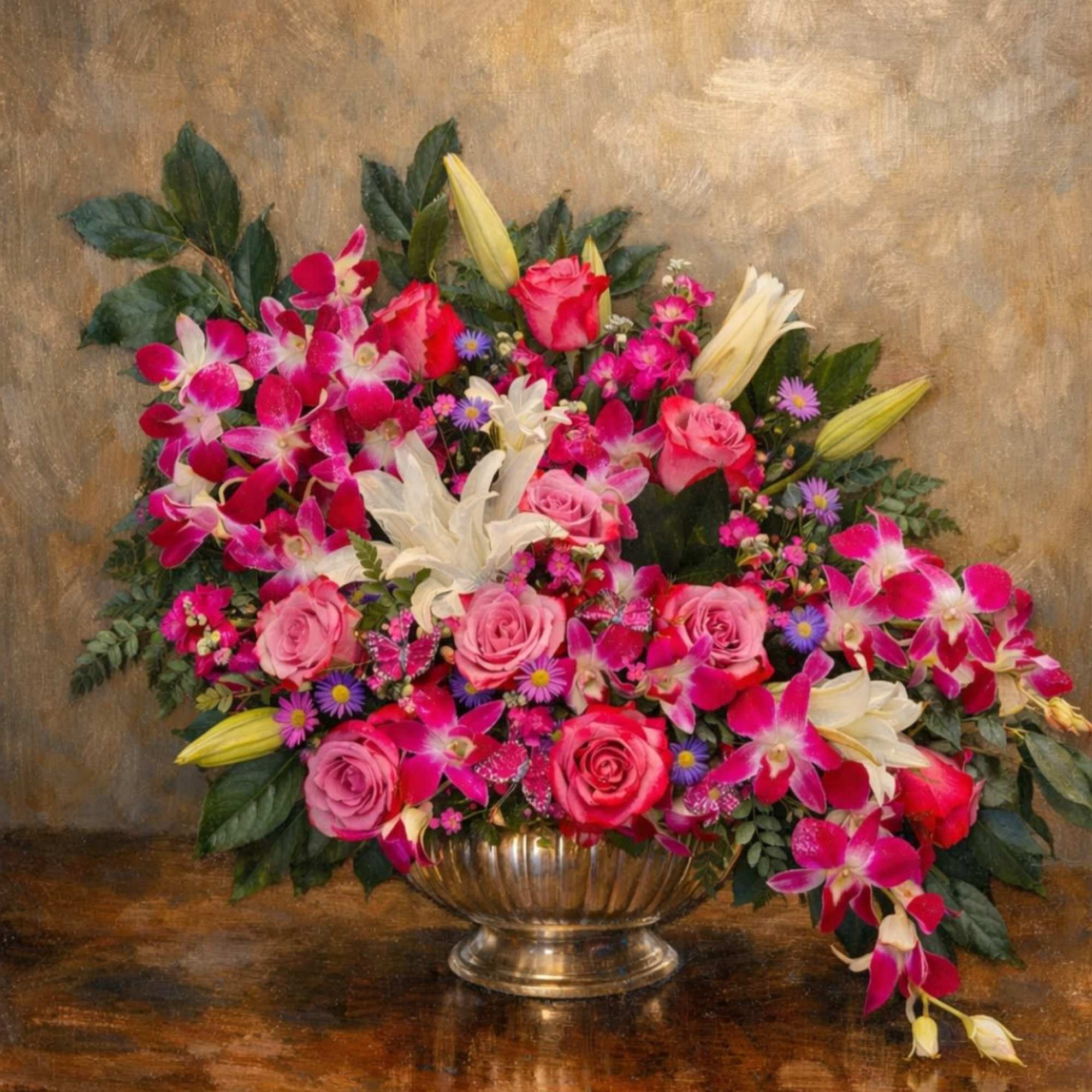 Pink and white floral arrangement in a gold vase