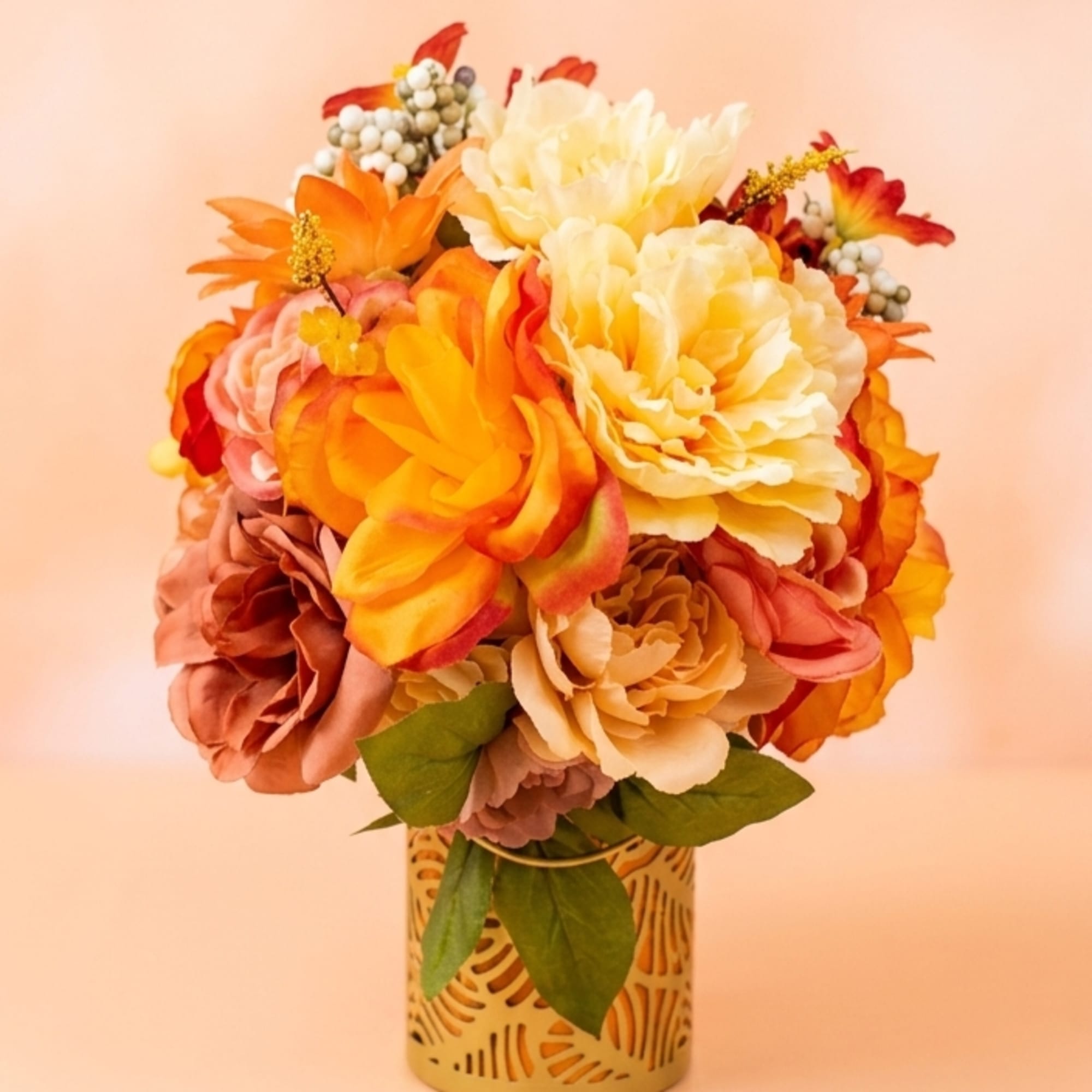 Sun-drenched citrus slices mingle with vibrant marigolds and yellow roses to create