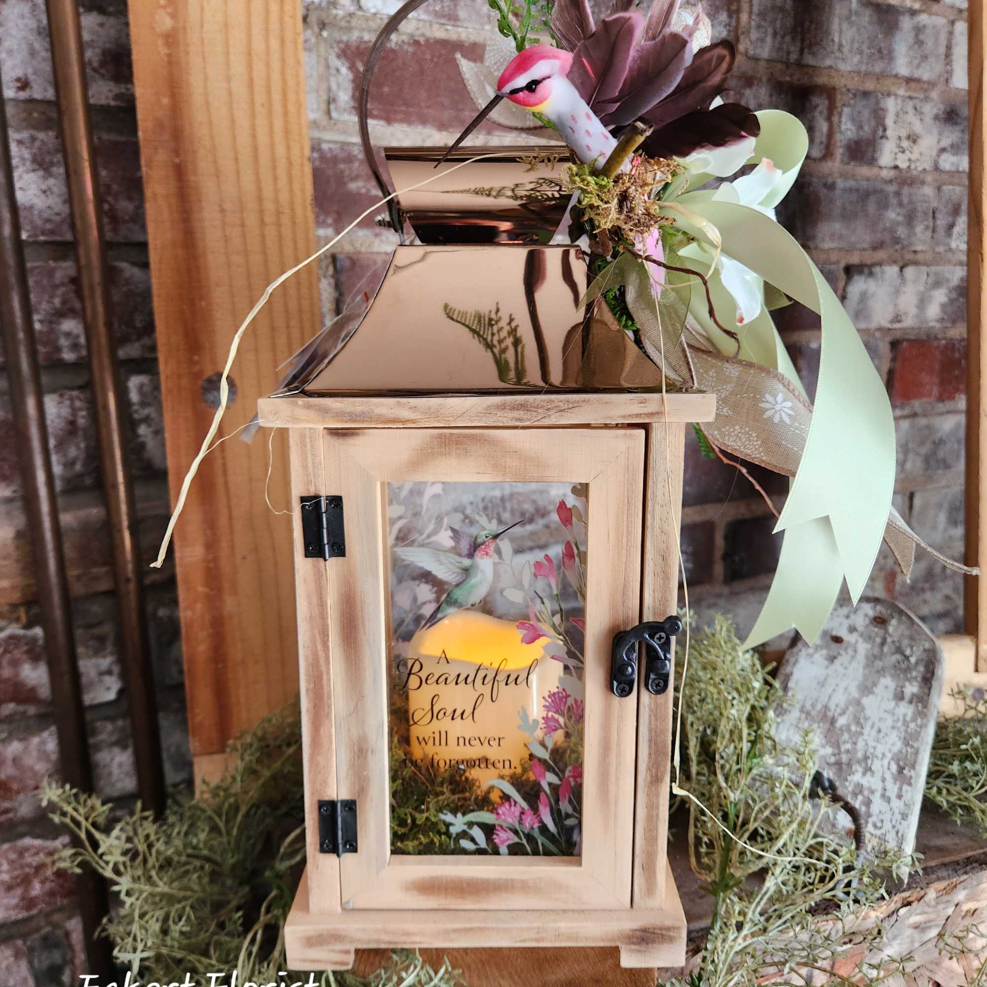 Nice keepsake light wooden lantern with copper tin roof and sentiment on