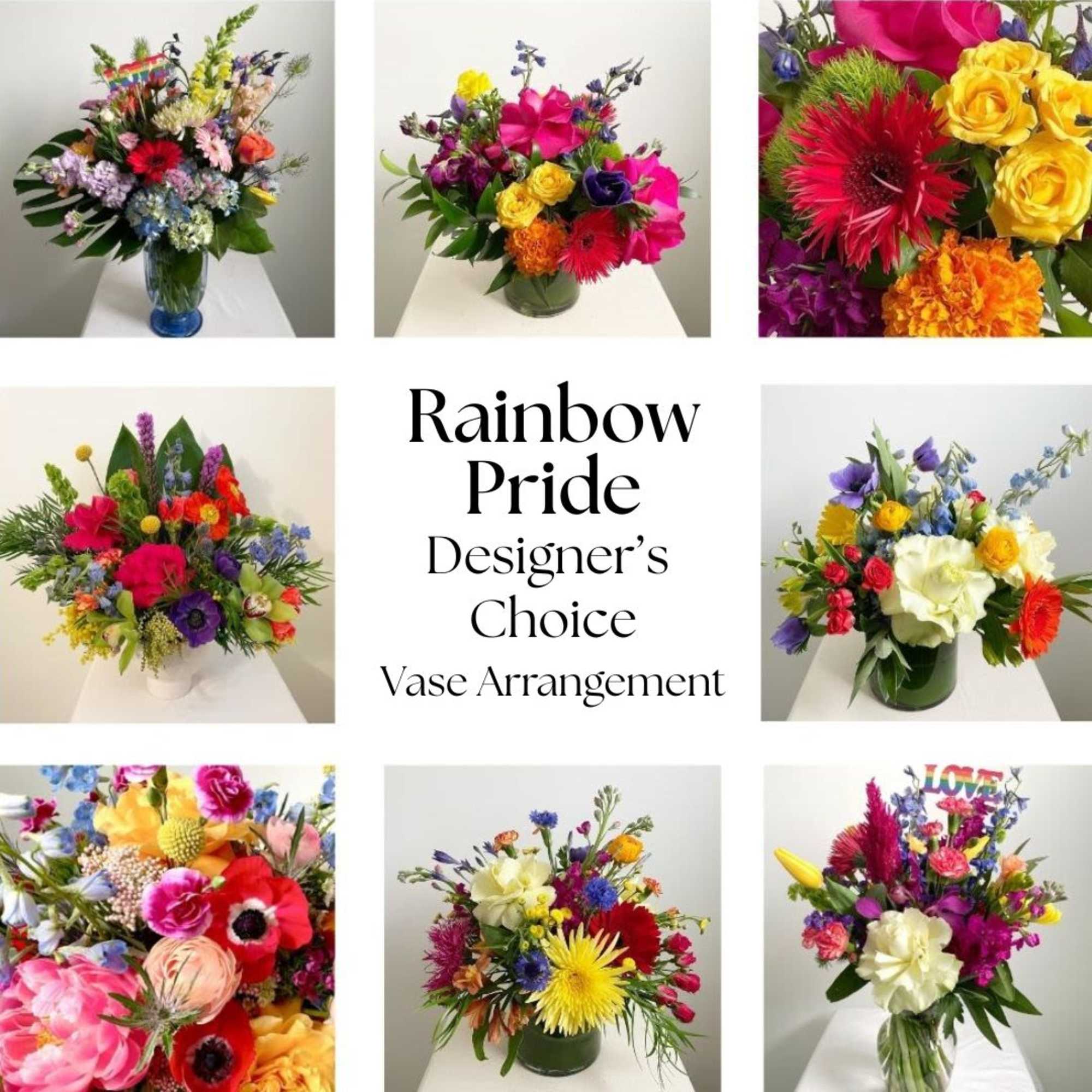 Rainbow mixed flower arrangements in glass vases