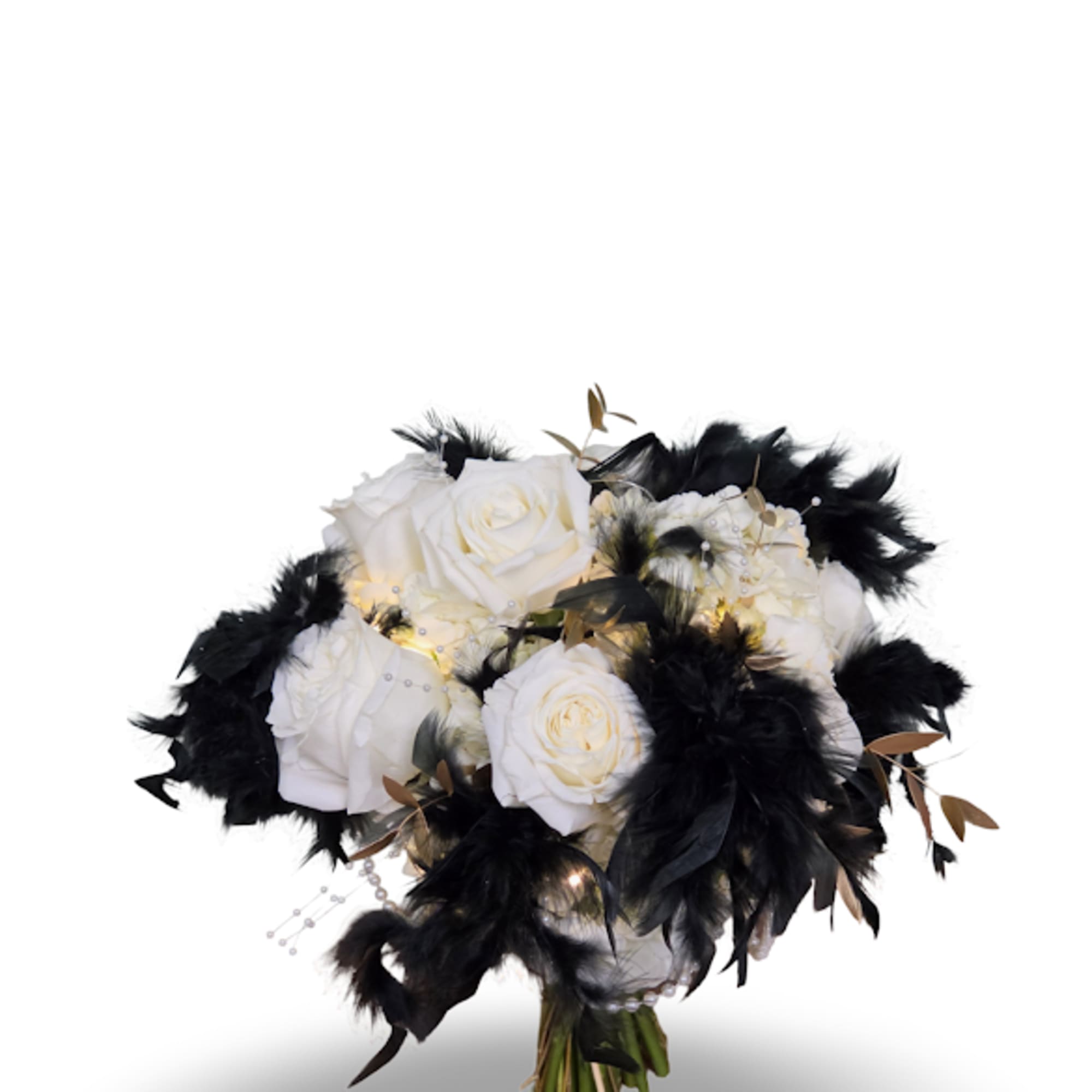 A couture-ready hand-tied posy that reads like eveningwear: white roses and clustered