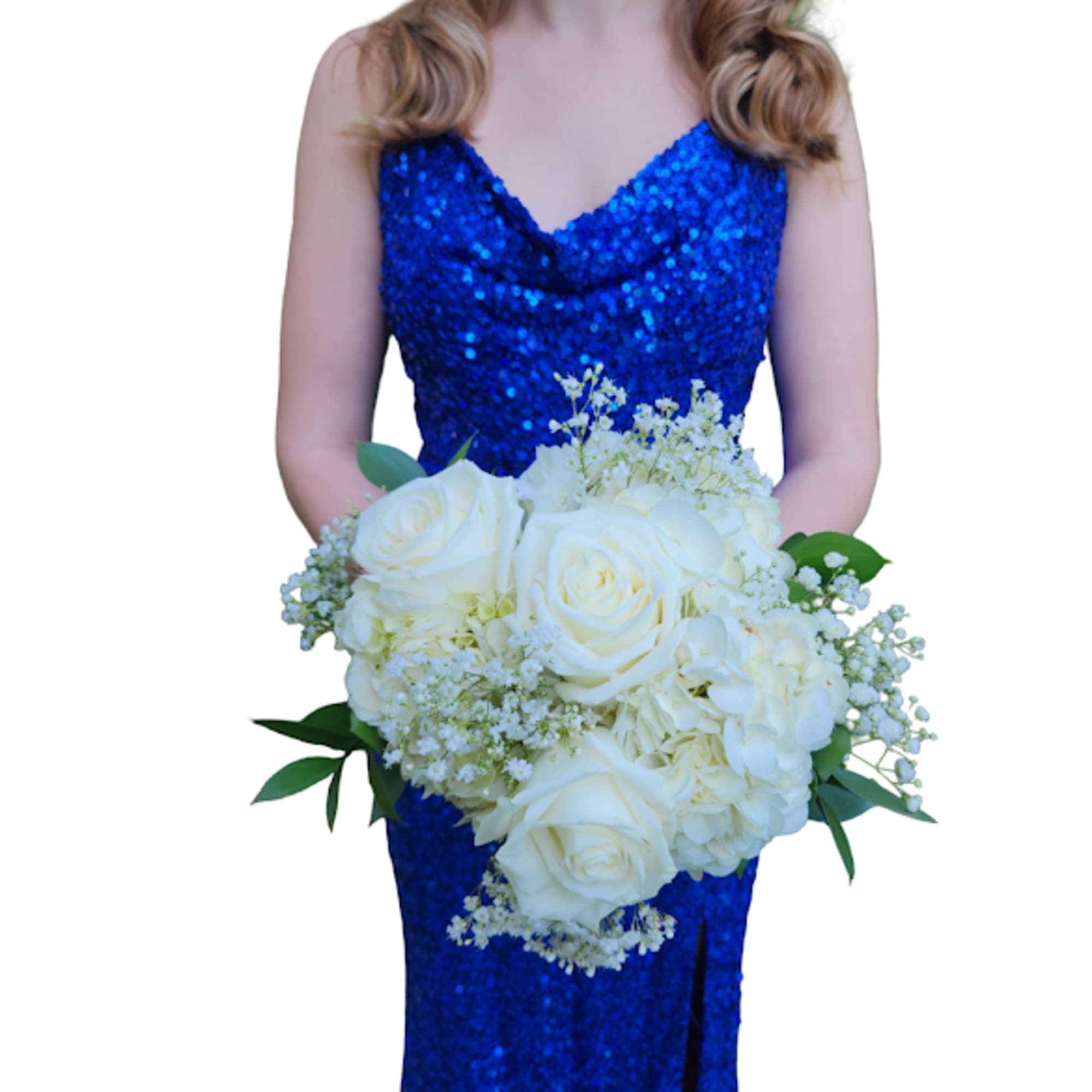A compact, hand-tied event posy built from large white roses and clustered