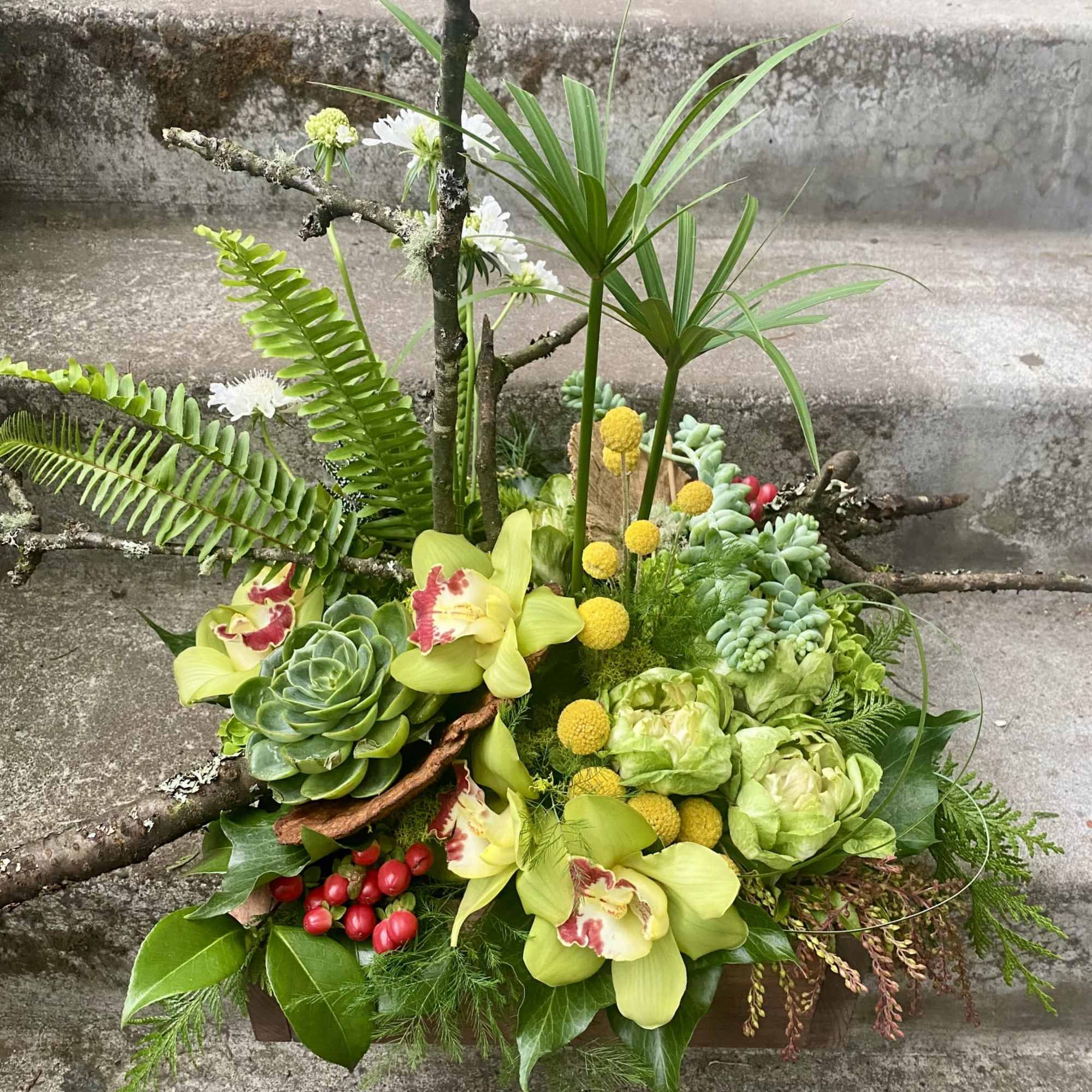 Green floral arrangement with orchids, succulents, and yellow pom-pom flowers