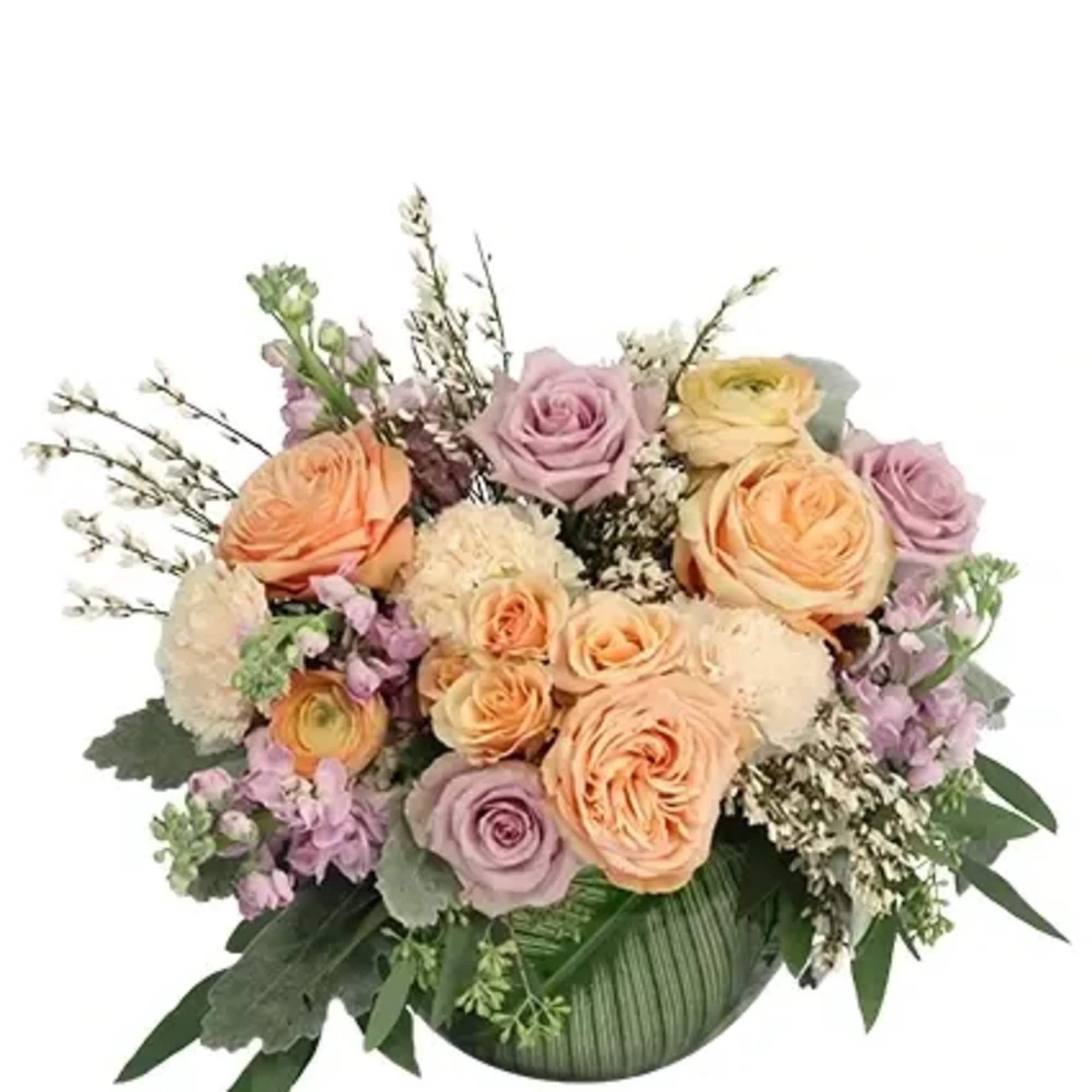 Upgrade your gift-giving reputation with this delightful bouquet! With peach carnations, ranunculus