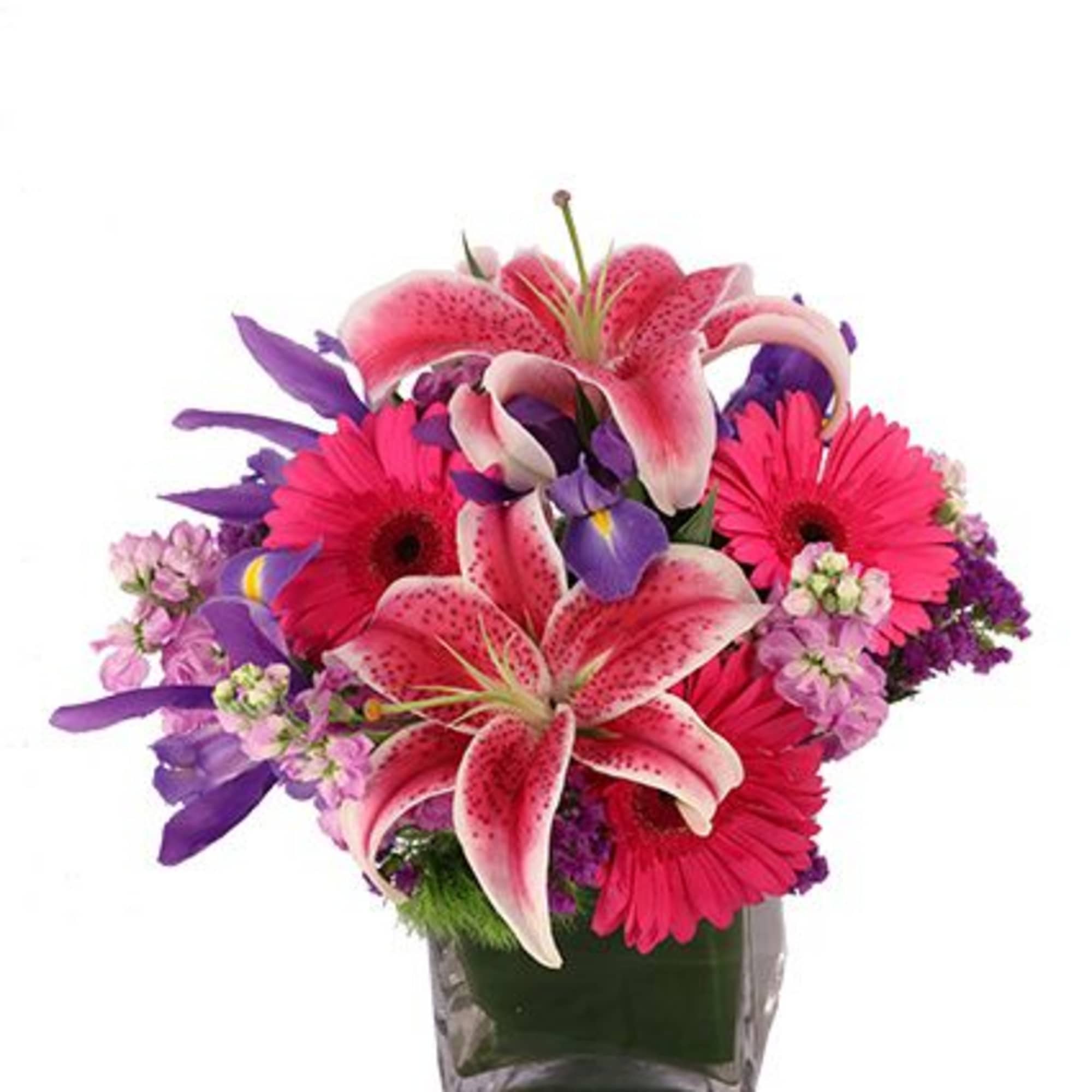 Spice up the love! With striking Stargazer lilies, blue iris, purple statice