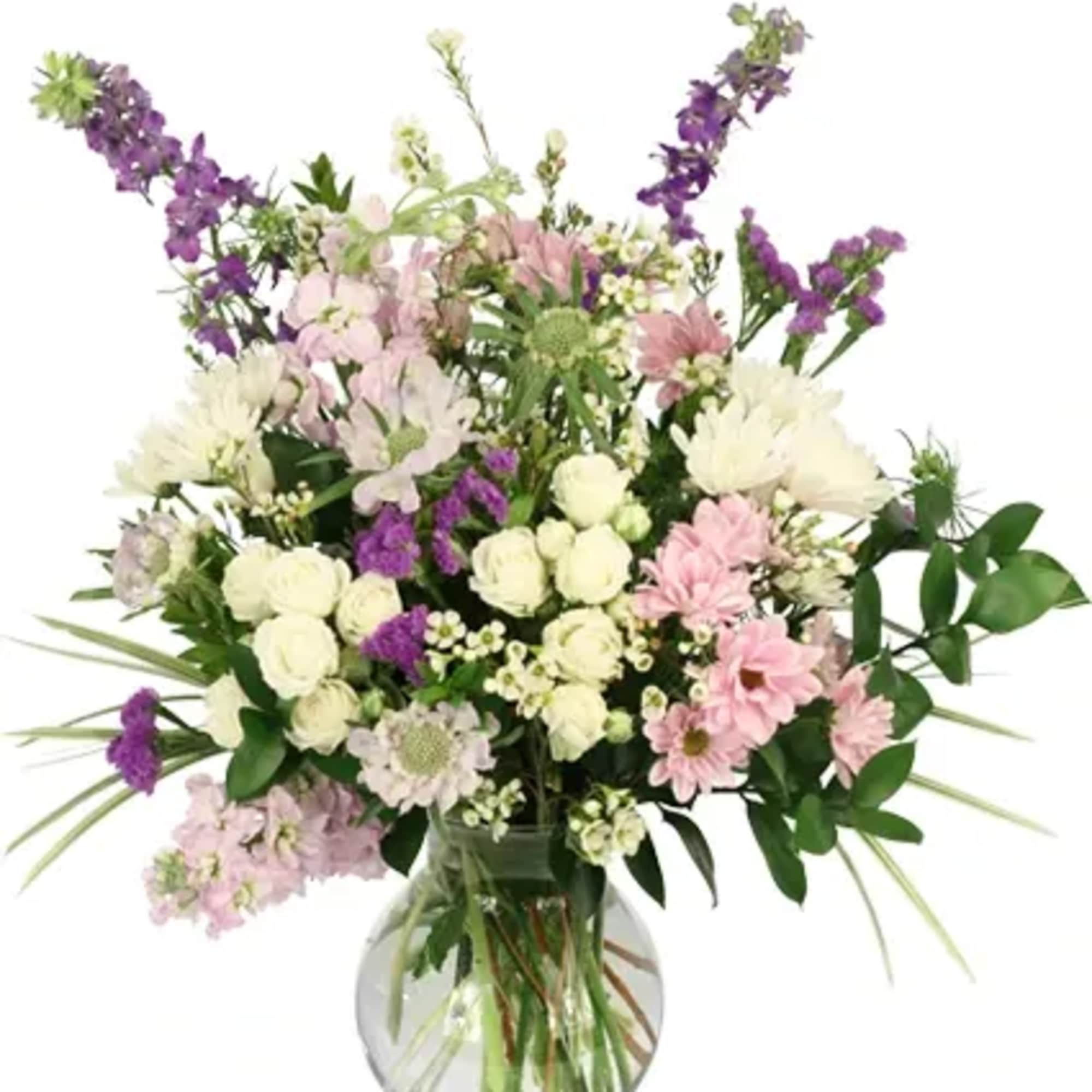Showcasing an elegant mix of lavender, pink, and white blooms, Amethyst Romance