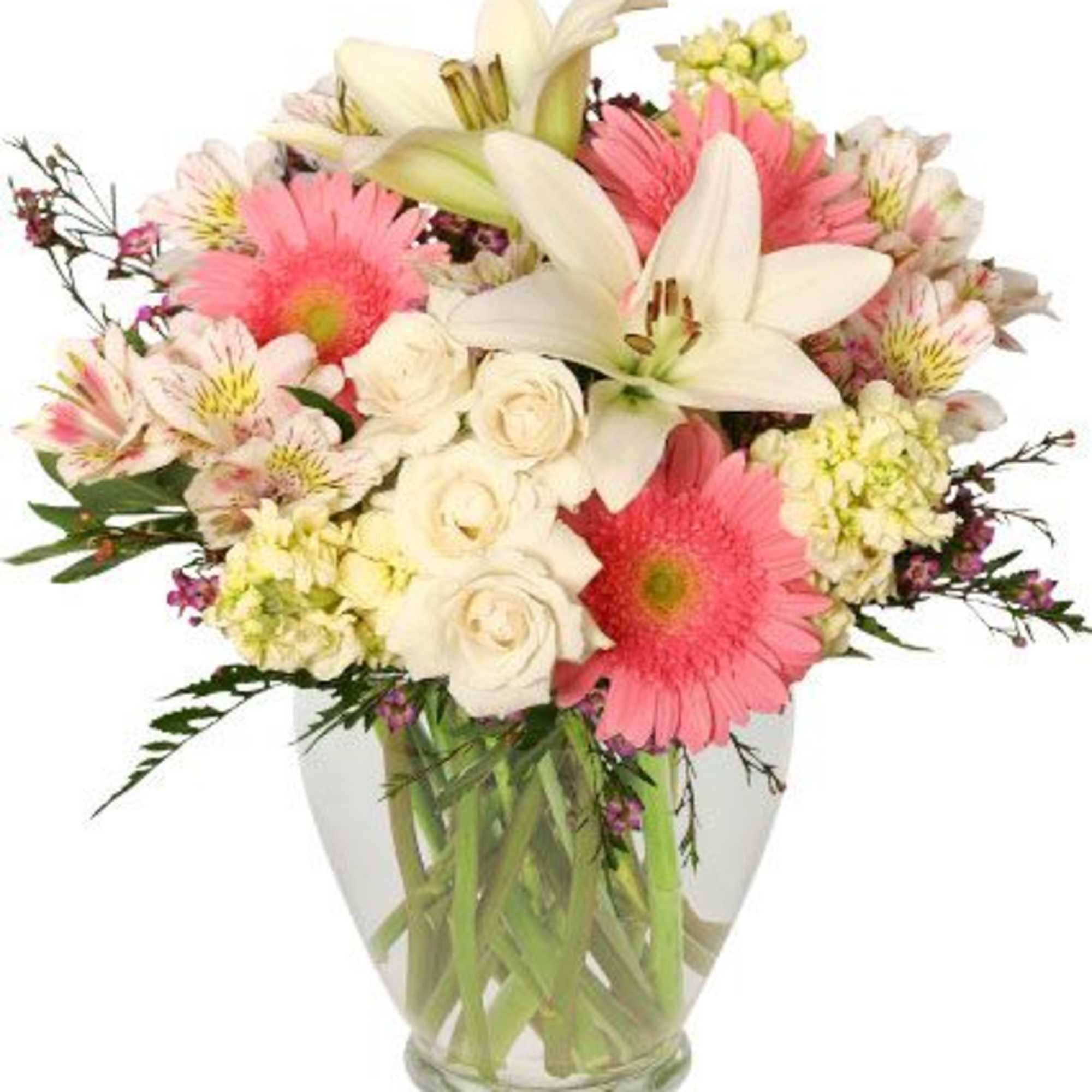 This delicate arrangement is sure to delight! With lovely white Asiatic lilies