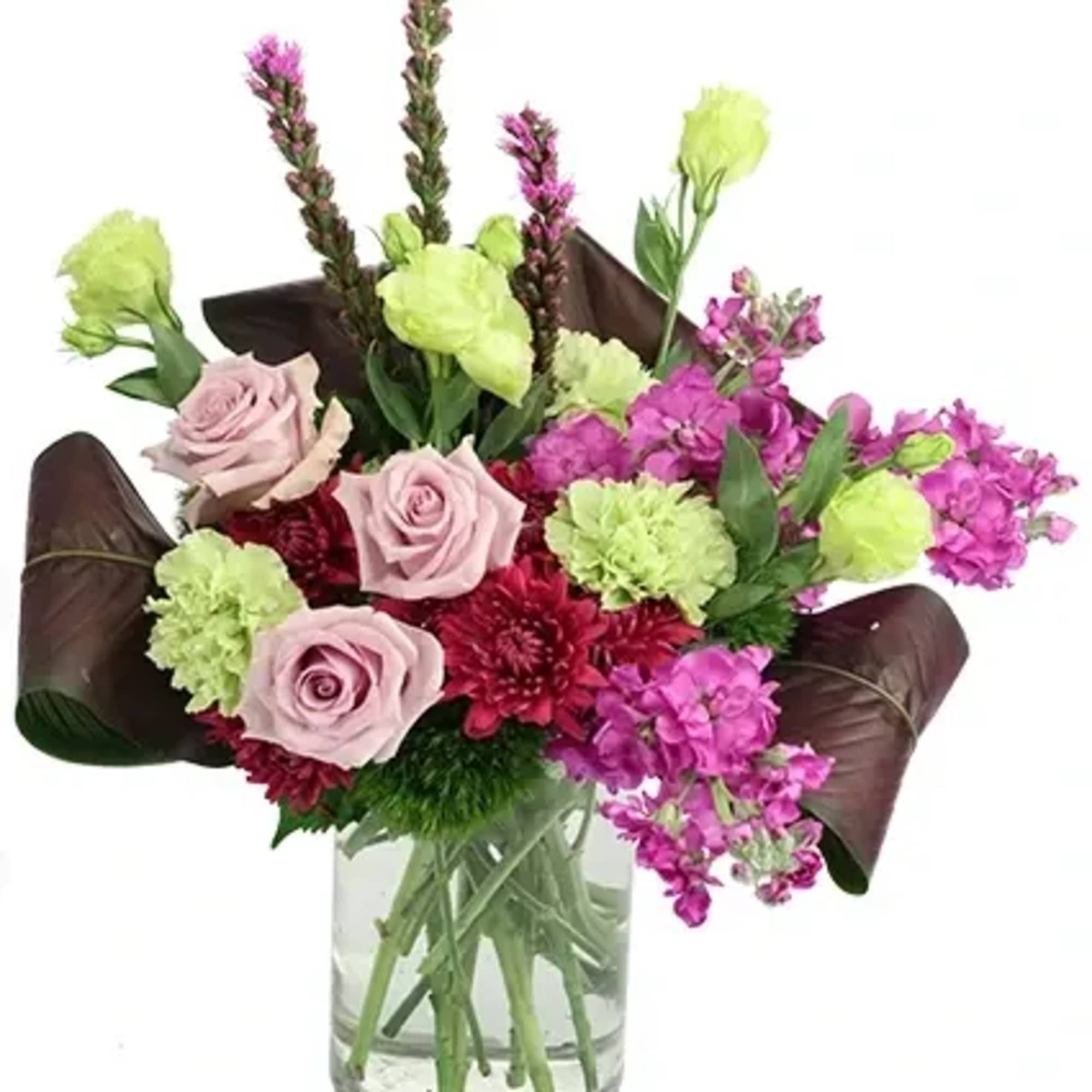 Give them a thrill with this exceptional arrangement! Striking roses, stock, carnations
