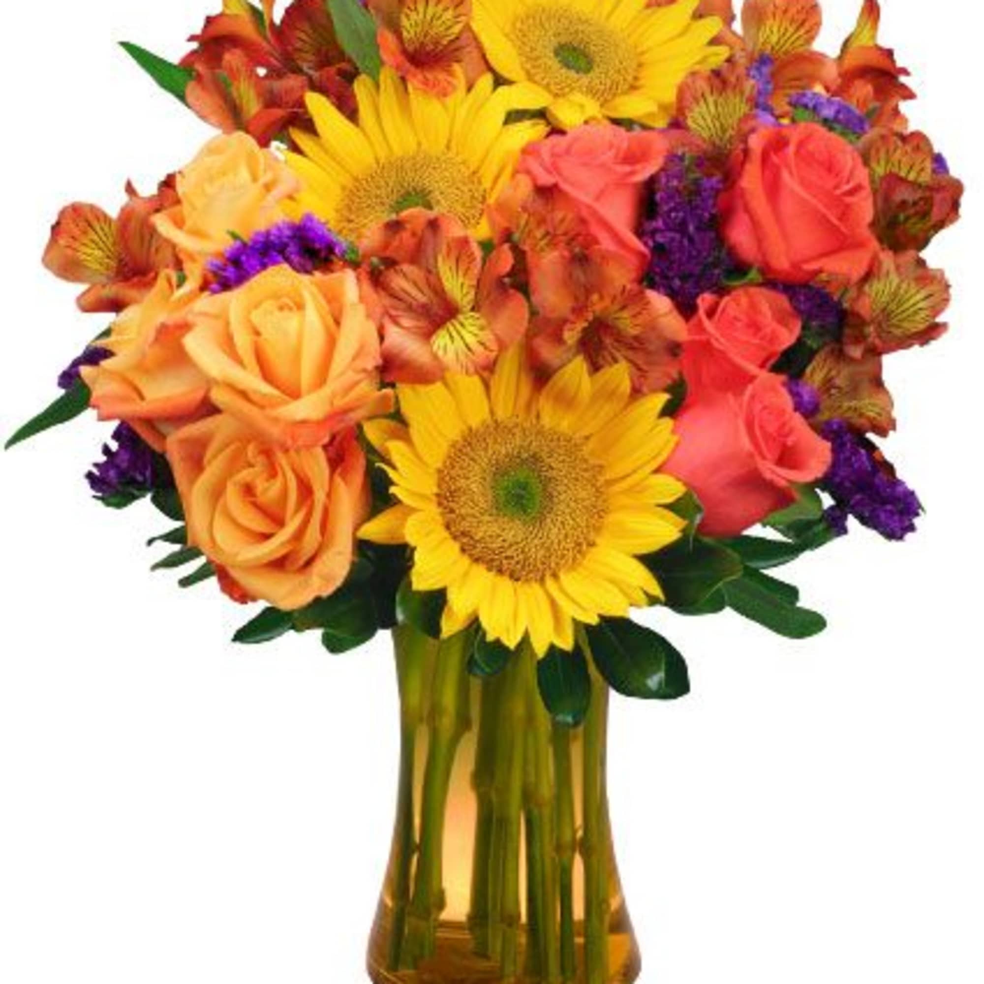 These gorgeous blooms radiate warmth and happiness! With cheery sunflowers, coral roses