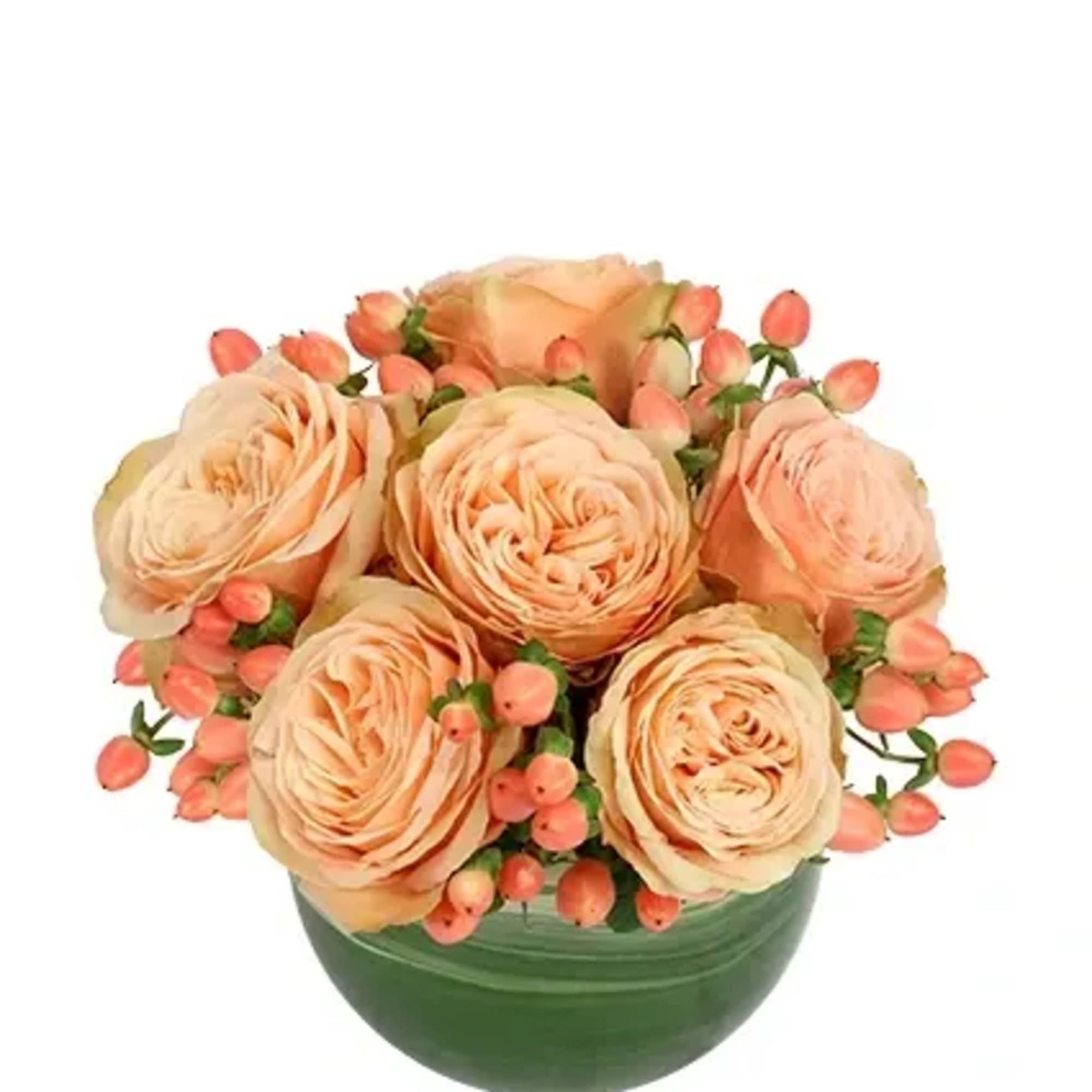 This delicate bouquet is simply stunning! Featuring lovely coral roses and peach