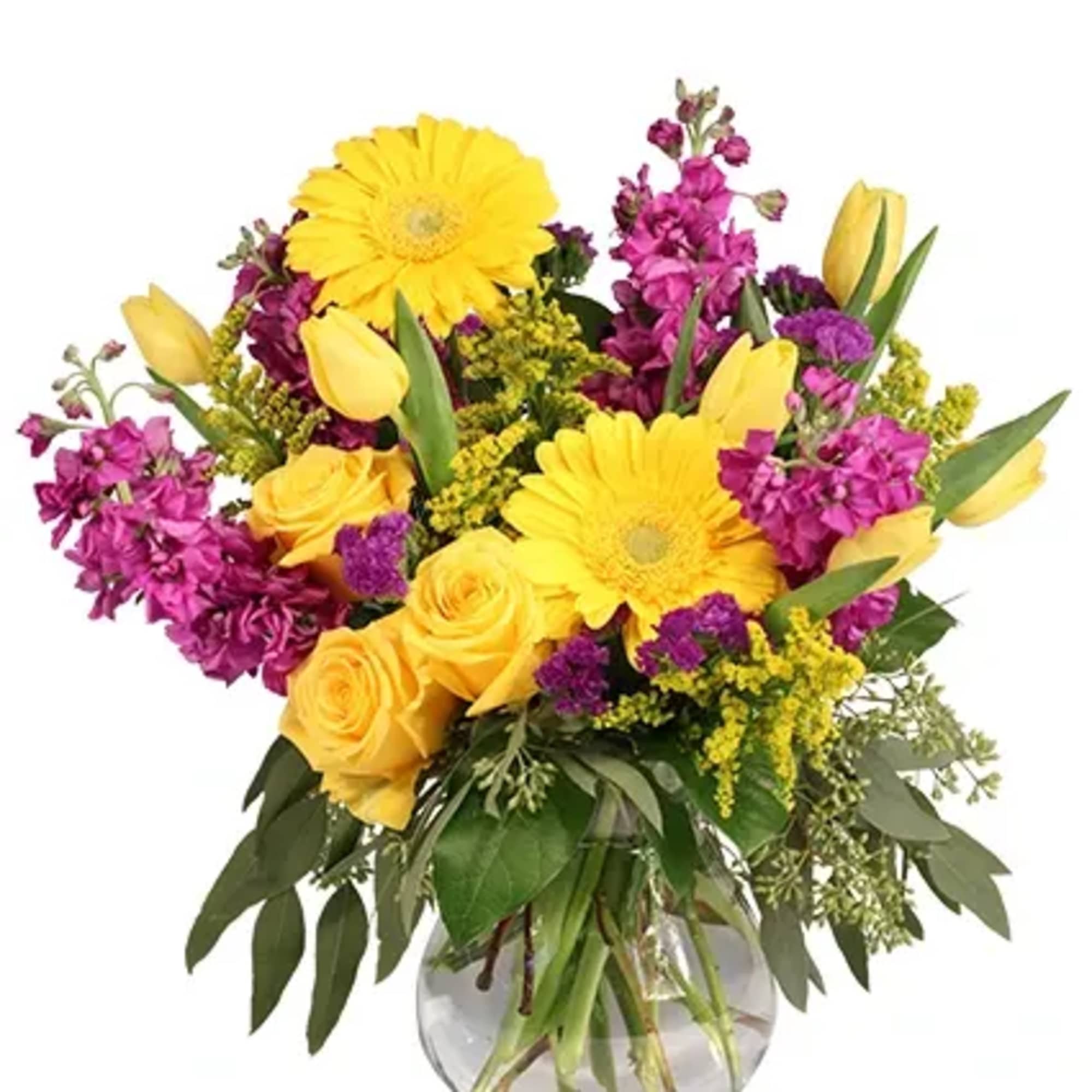 This dazzling arrangement packs a punch of color! The bright yellow gerberas