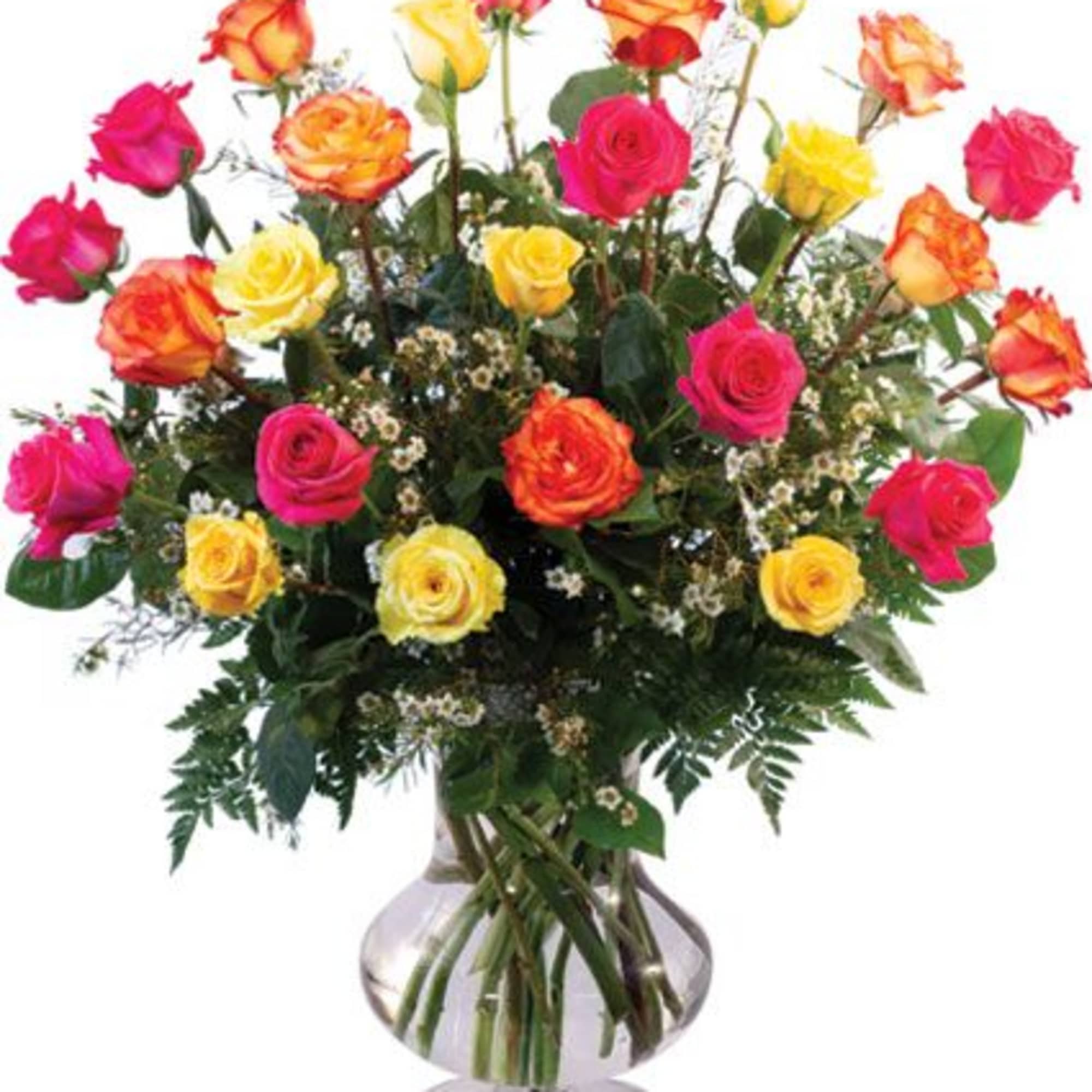 Two dozen mixed roses and accompanying greenery presented in a large pedestal