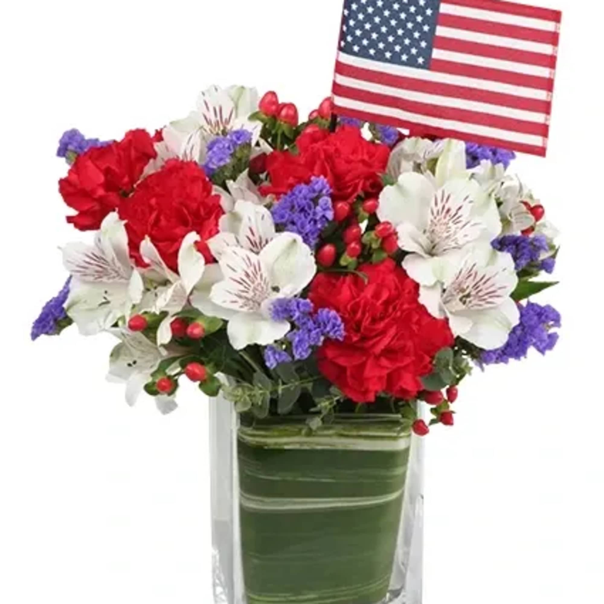 Send Blooms Bursting in Air! This Red, White and Blue flower arrangement
