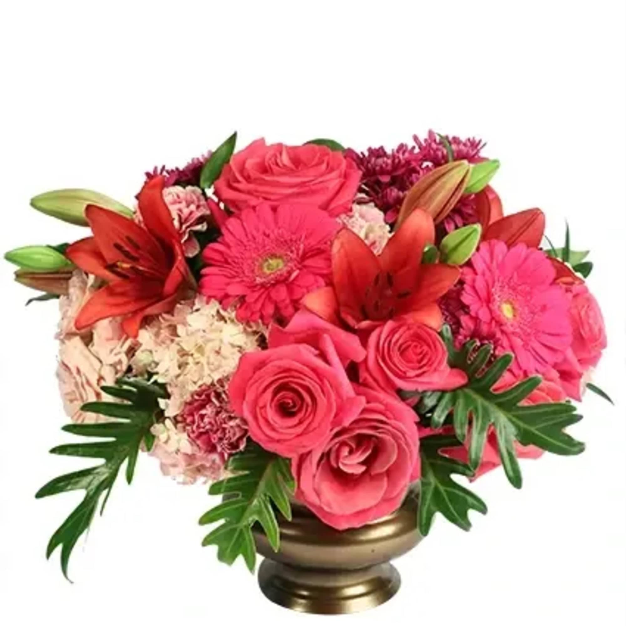 This arrangement is, for sure, the drama! The lovely gerberas, roses, hydrangeas