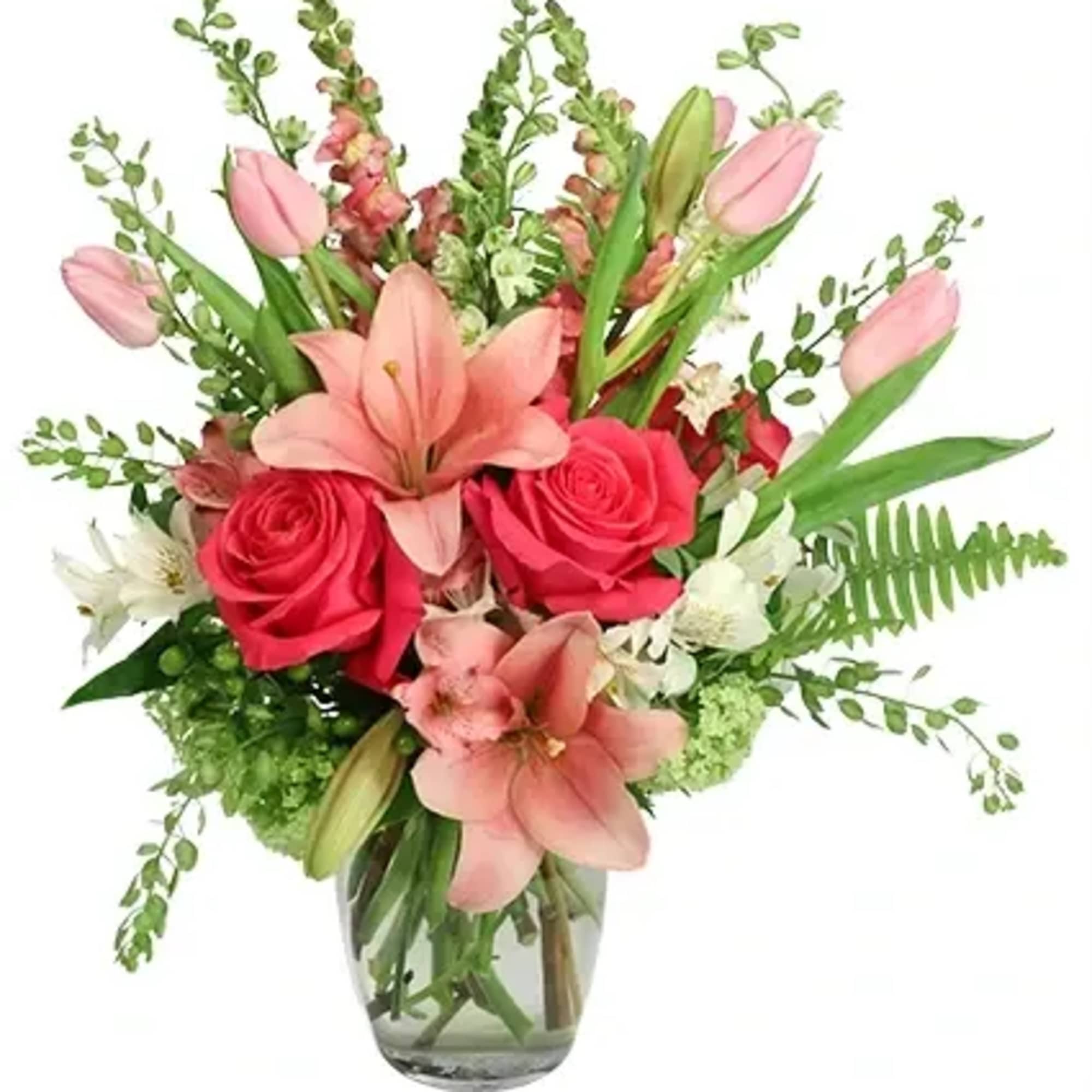 Talk about a pink lover&rsquo;s dream! Bursting with gorgeous lilies, roses, tulips
