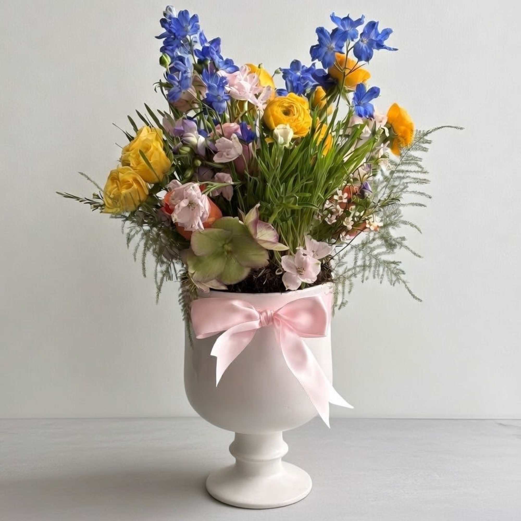 This arrangement is a vibrant garden-style composition bursting with color, texture, and