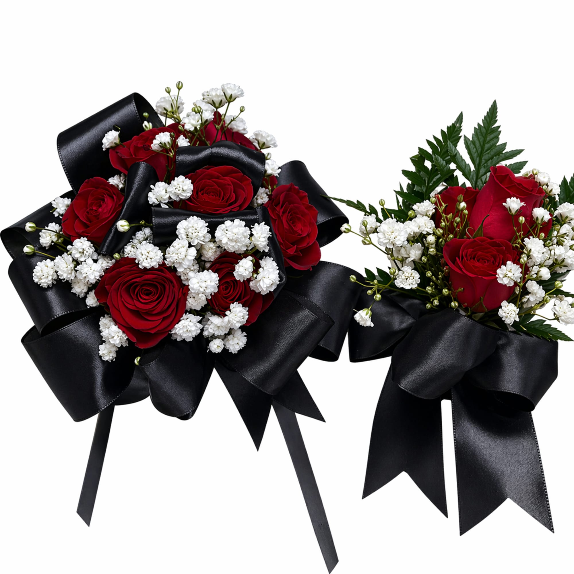 Deep crimson roses clustered with delicate white filler flowers make an immediate