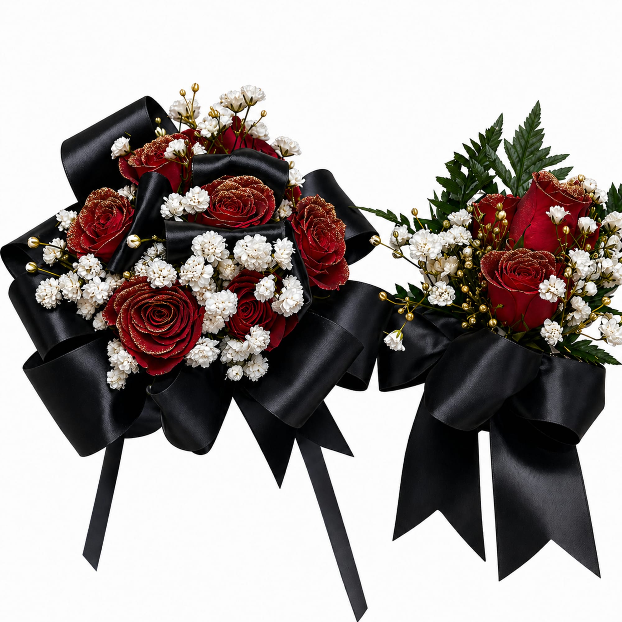 Deep crimson roses clustered with delicate white filler flowers make an immediate