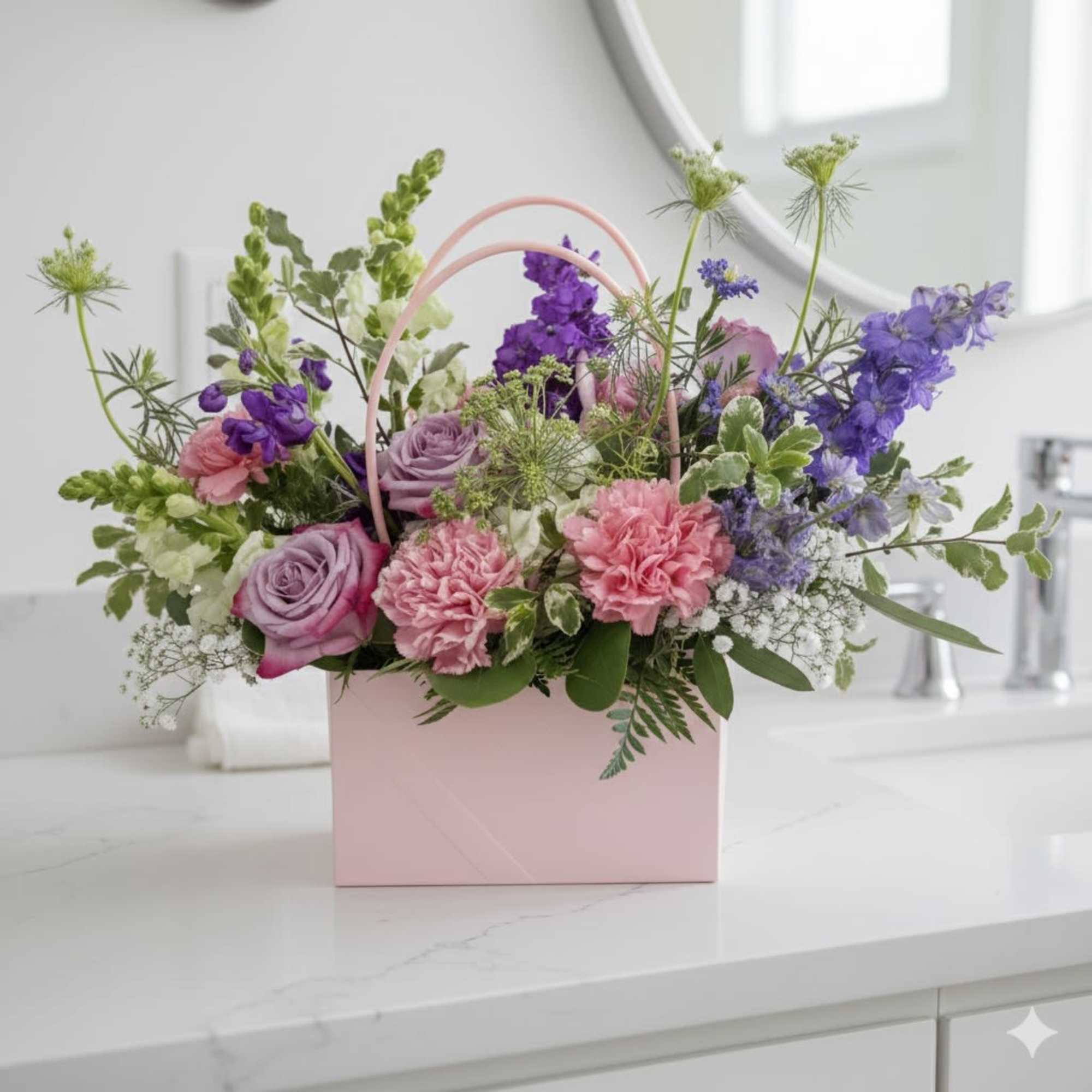 Pink box arrangement with lavender roses, pink carnations, and purple flowers