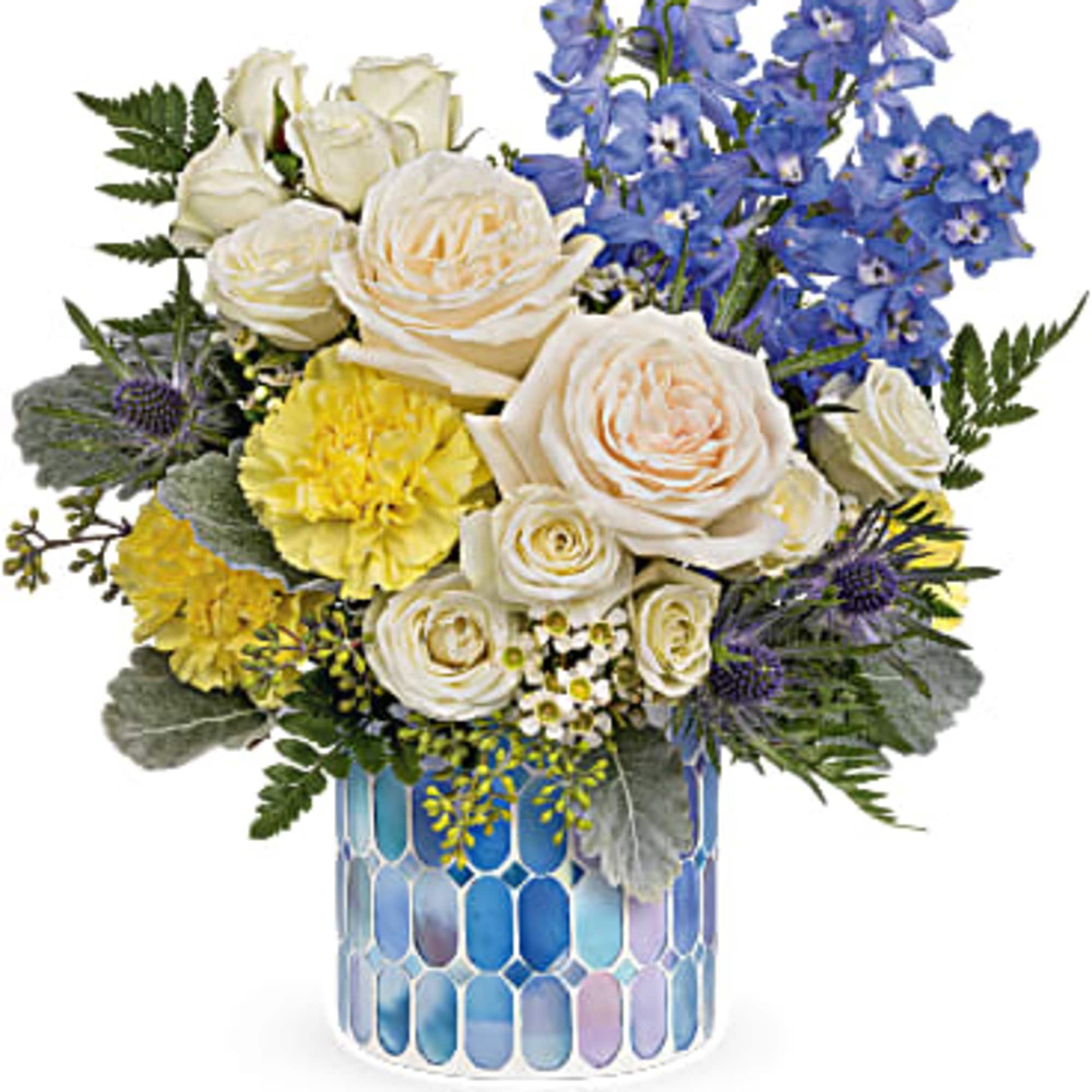 This breathtaking bouquet includes white spray roses, light blue delphinium, blue eryngium