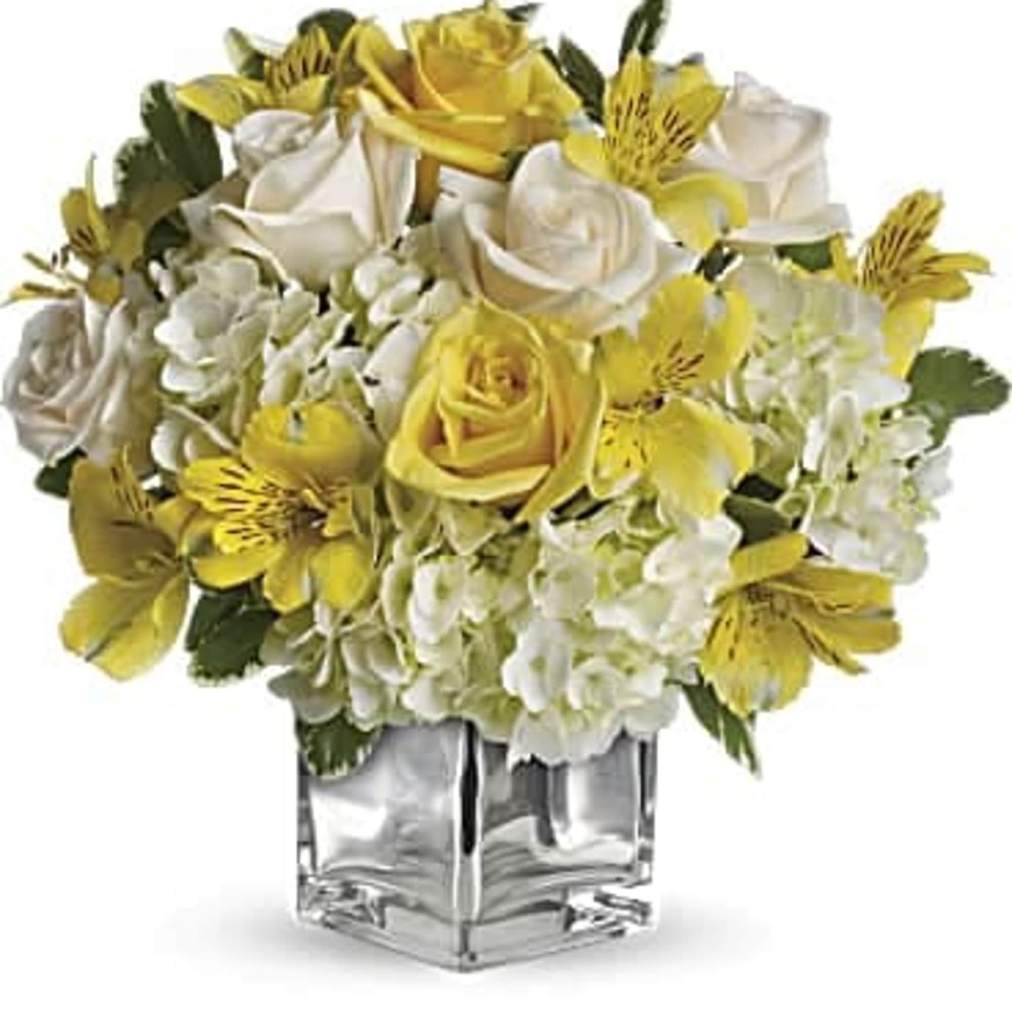 The cheerful bouquet includes white hydrangea, yellow roses, cr&egrave;me roses and yellow