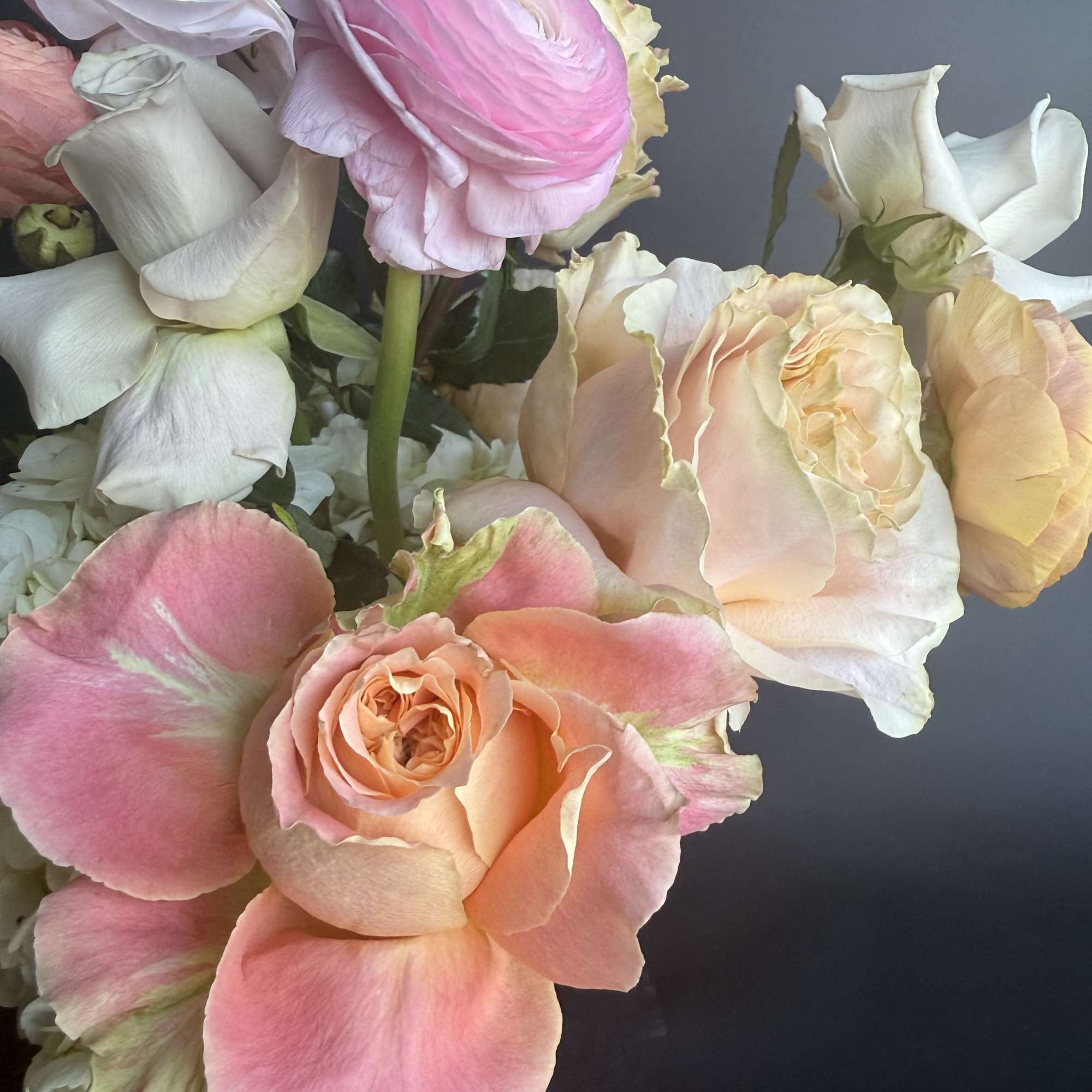Pastel bouquet of peach roses, white roses, and a pink ranunculus against a dark background