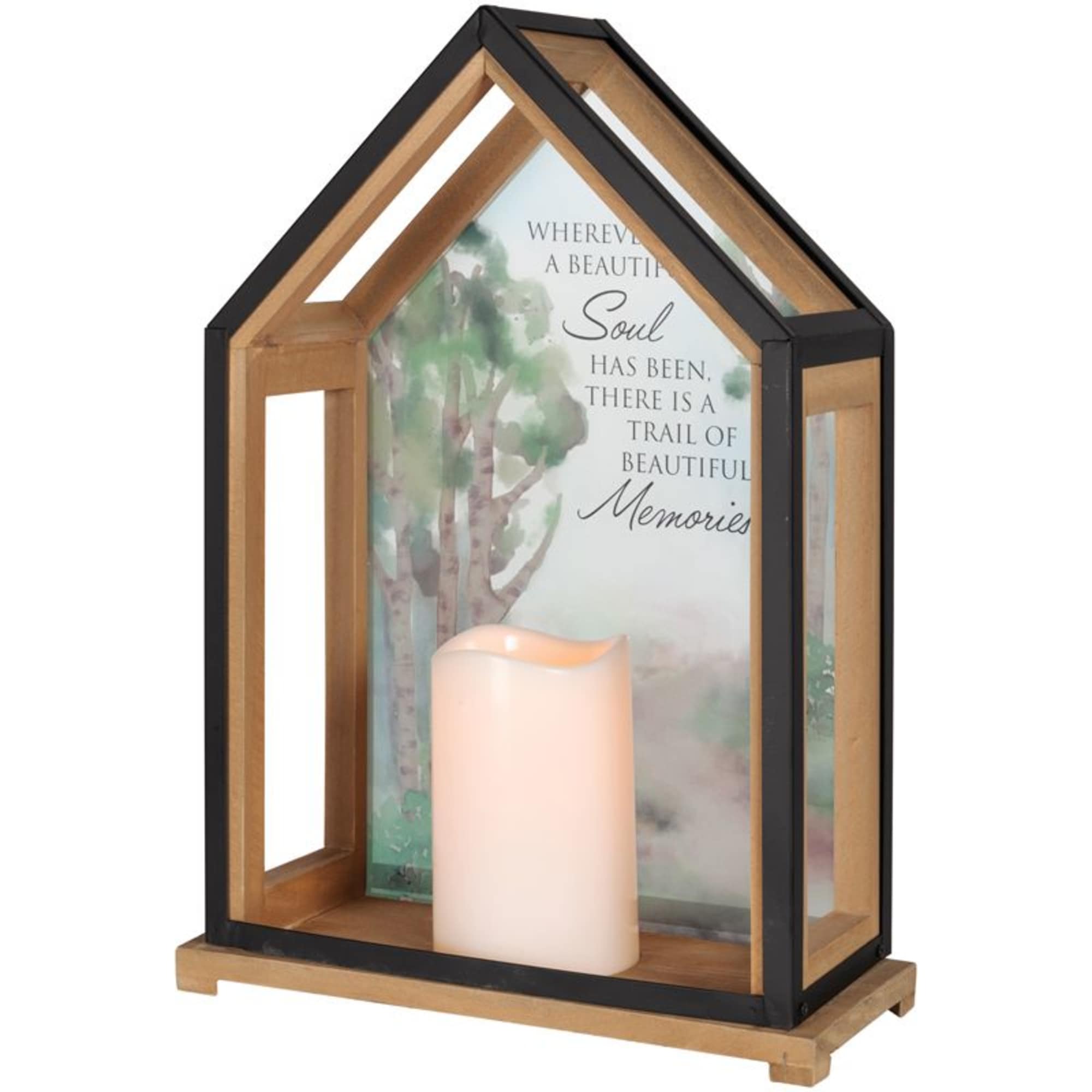 House-shaped wooden lantern with a candle and memorial quote