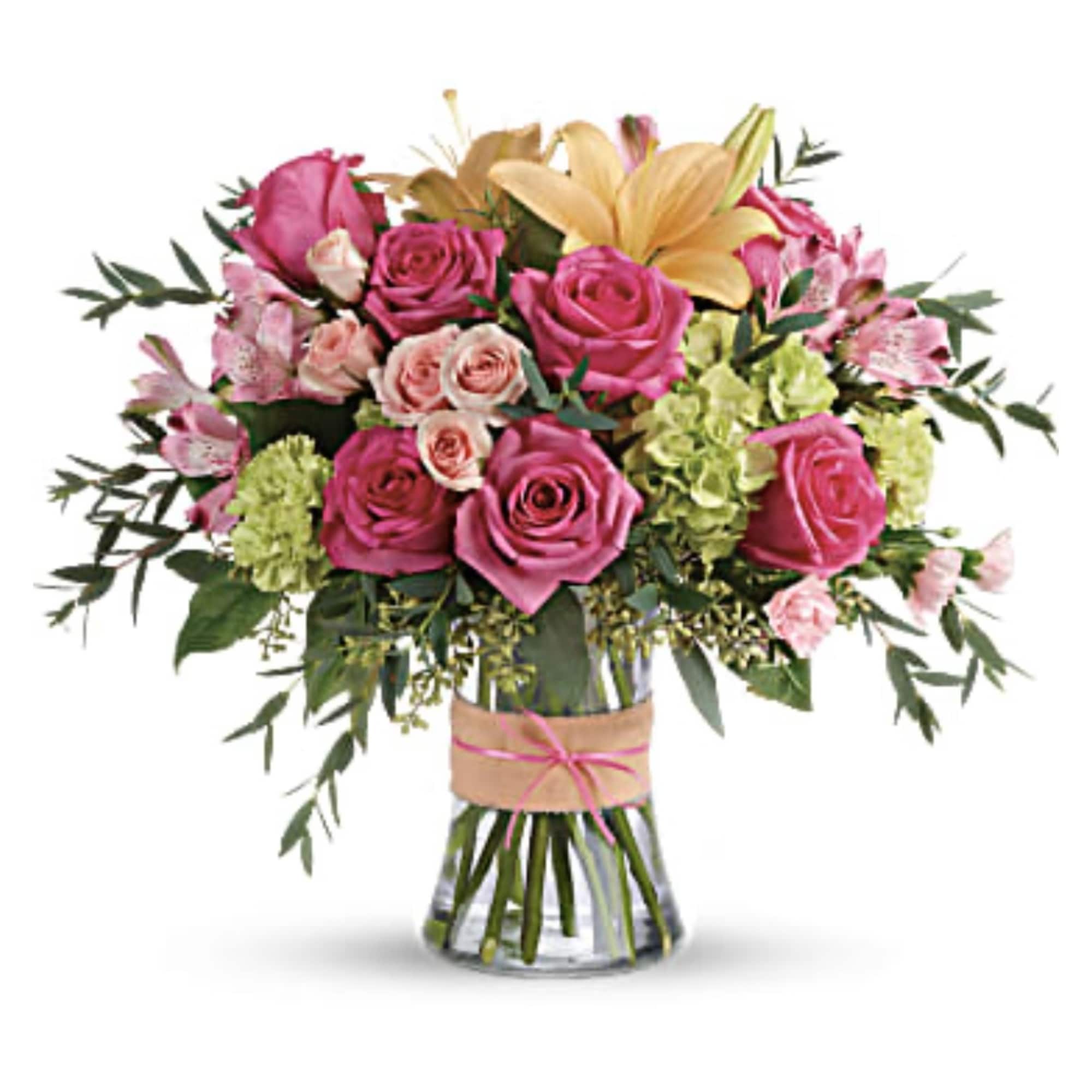 DESCRIPTION
SIZES
Put a spring in their step with this beautifully blushing bouquet of