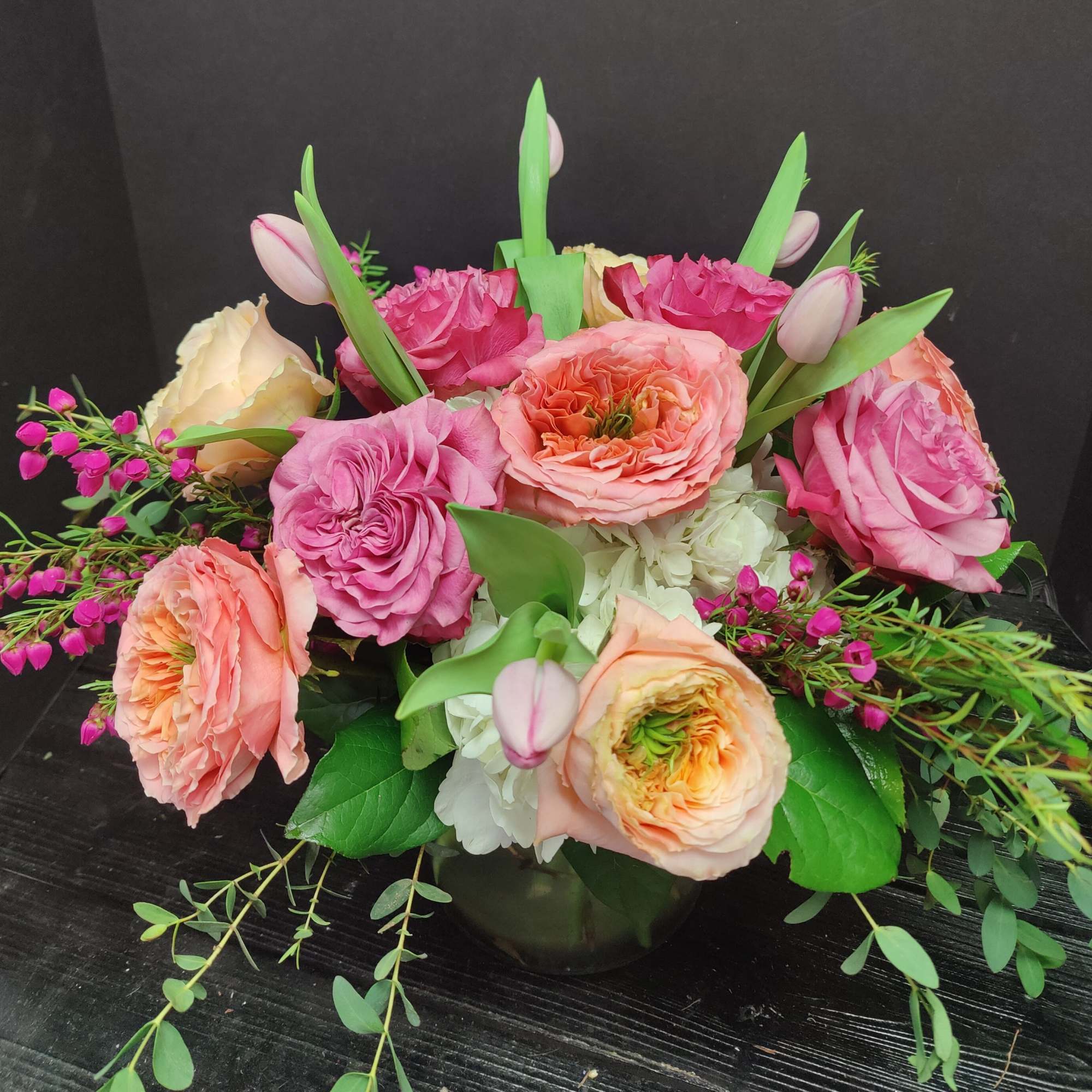 A beautiful collection of our Penny roses along with tulips and fragrant