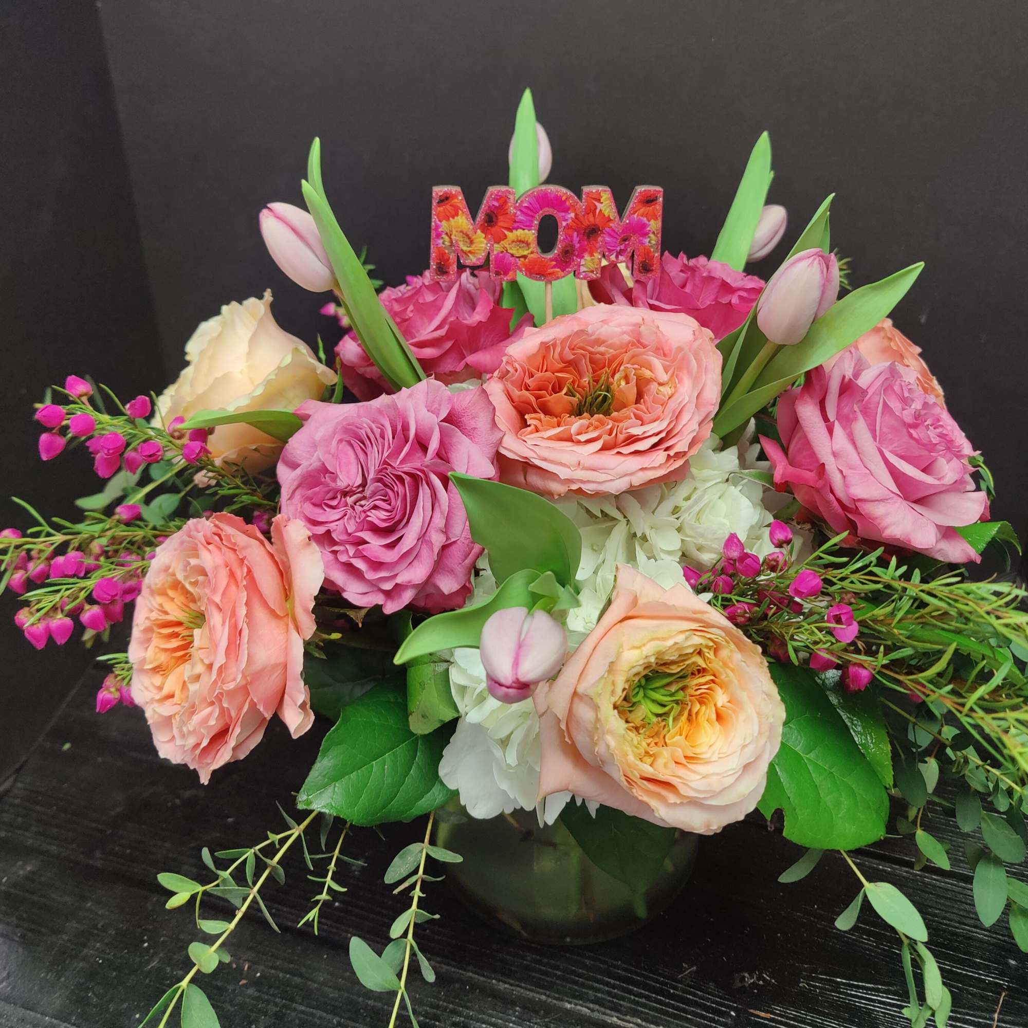 A beautiful collection of our Penny roses along with tulips and fragrant
