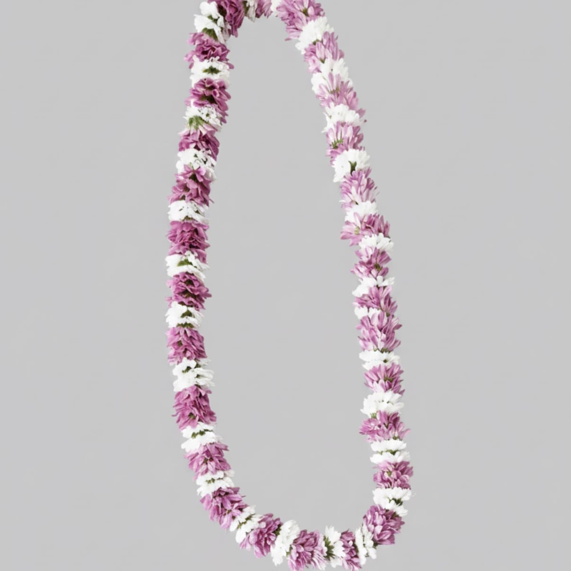 A full, rounded lei handcrafted with alternating sections of fresh white and