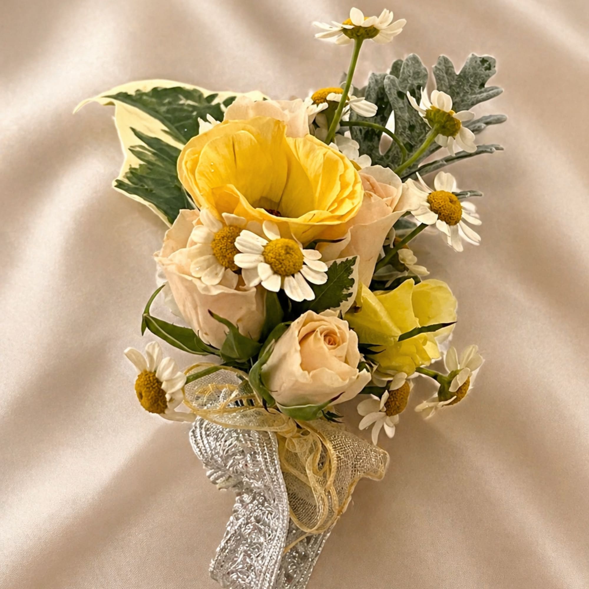 A custom-designed wrist corsage created to complement your chosen color palette. Whether