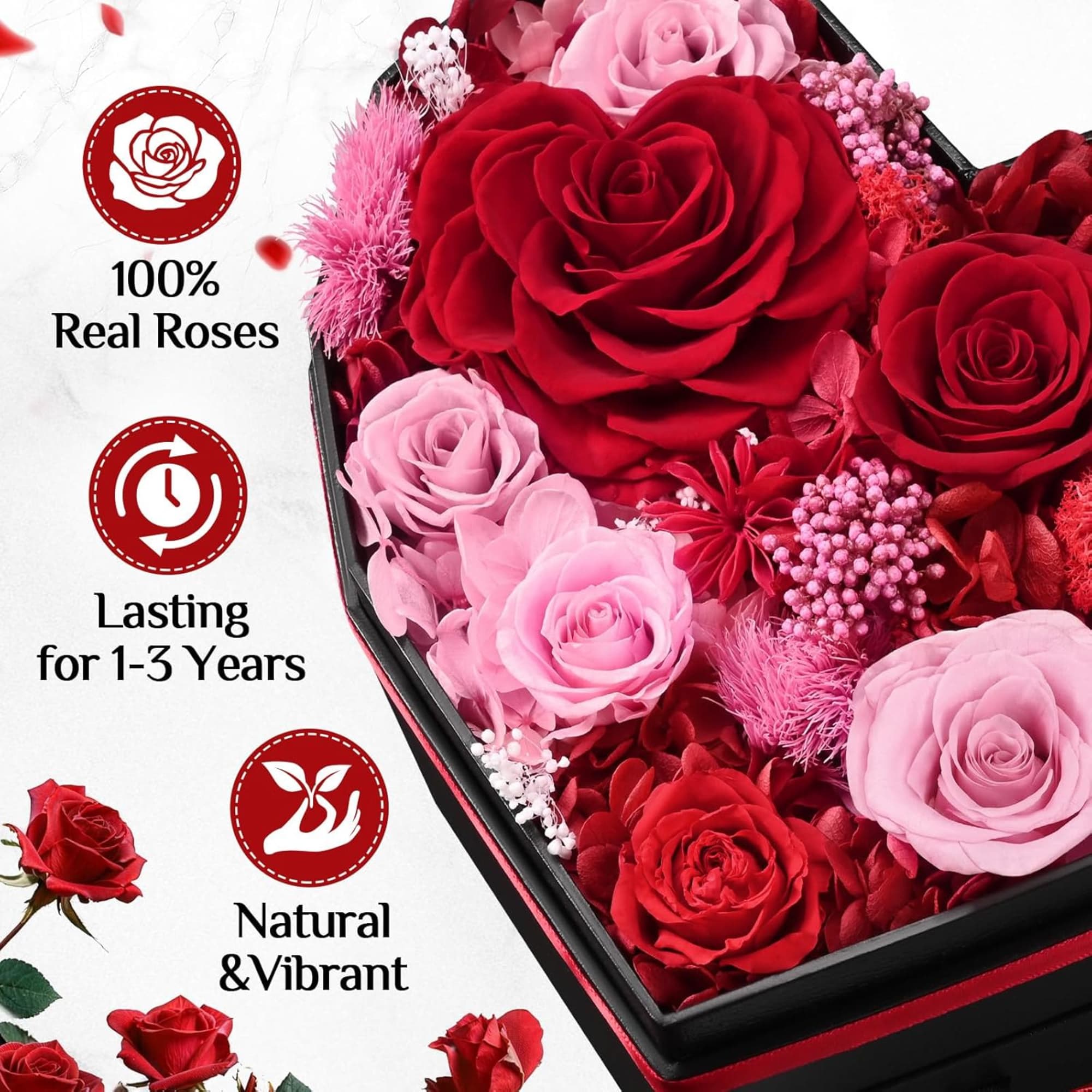 A heart-shaped black gift box brimming with preserved roses creates an unforgettable