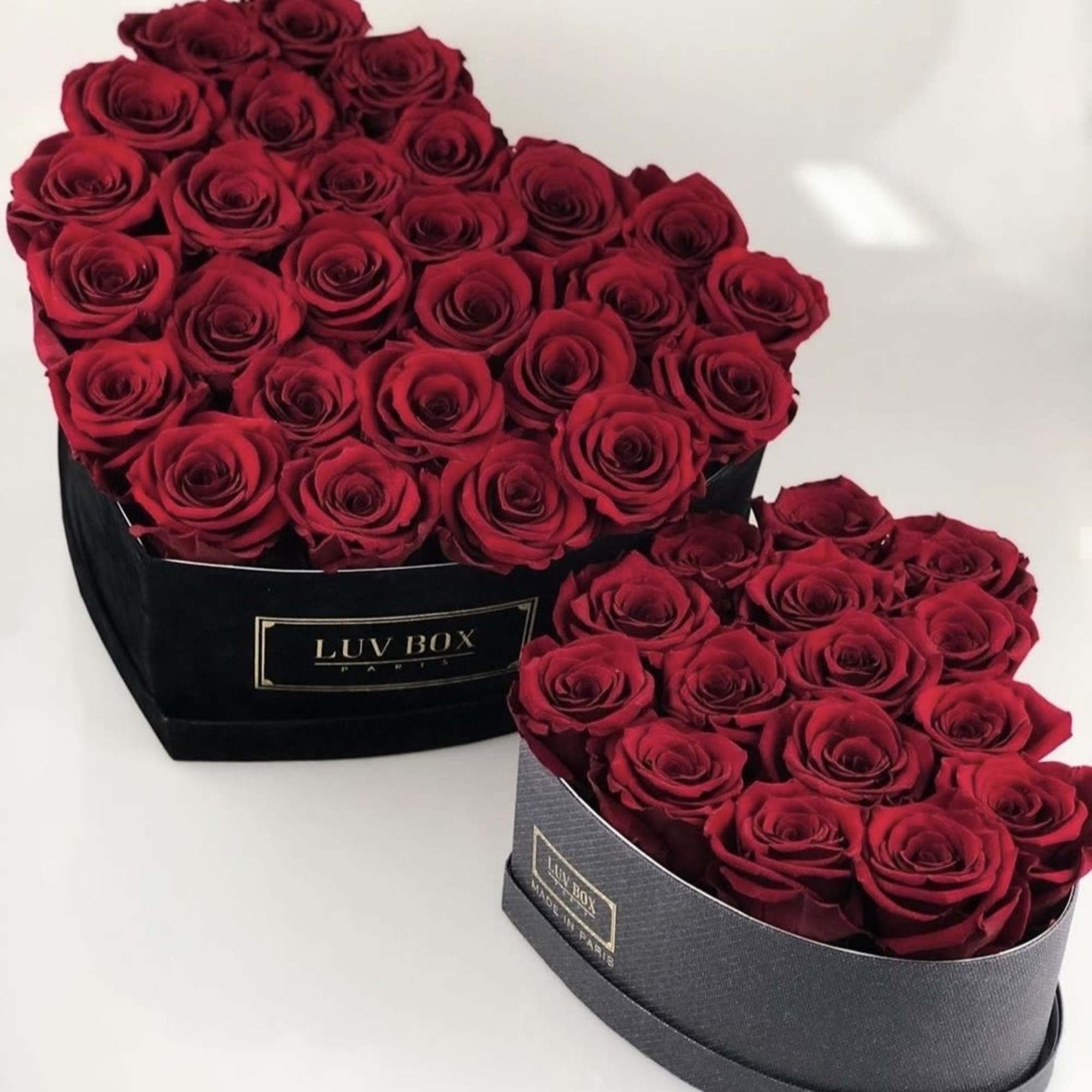 Two heart-shaped boxes filled with red roses
