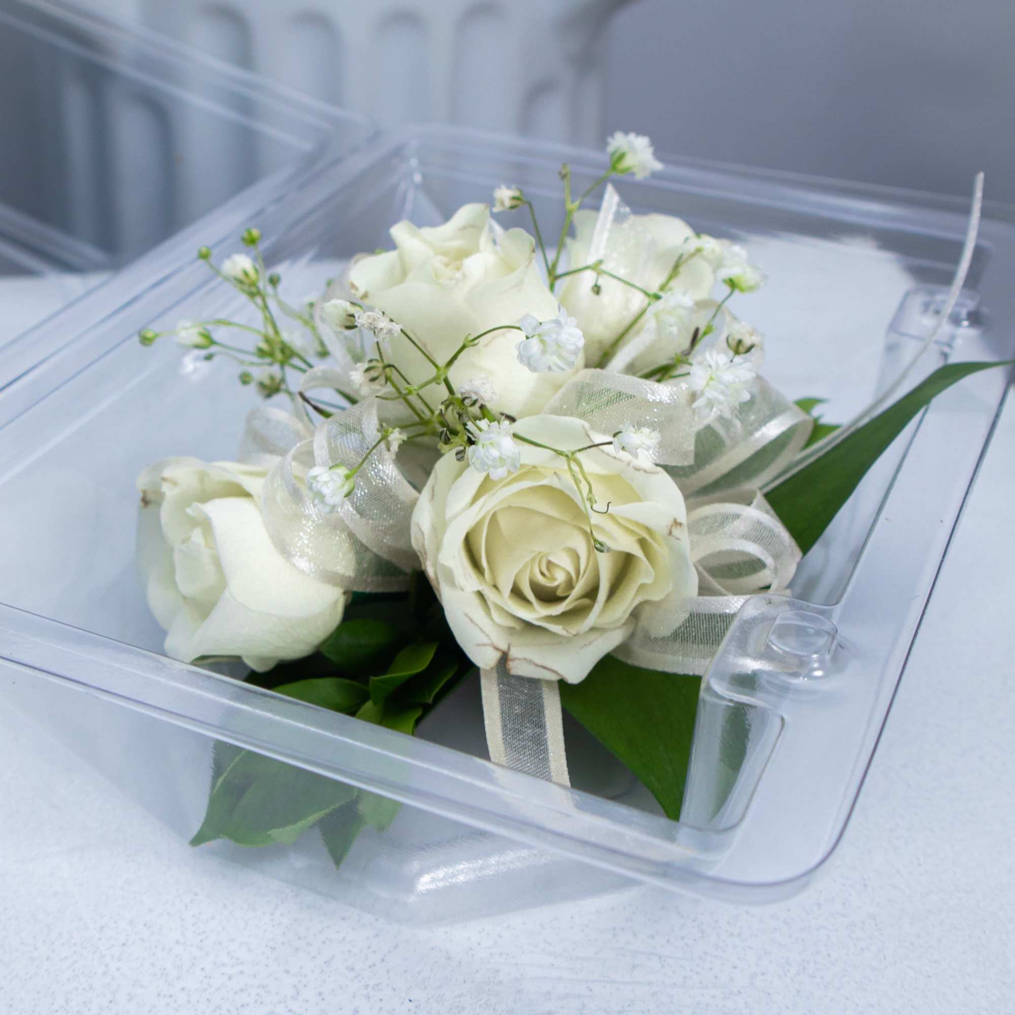 White rose corsage in a clear plastic box