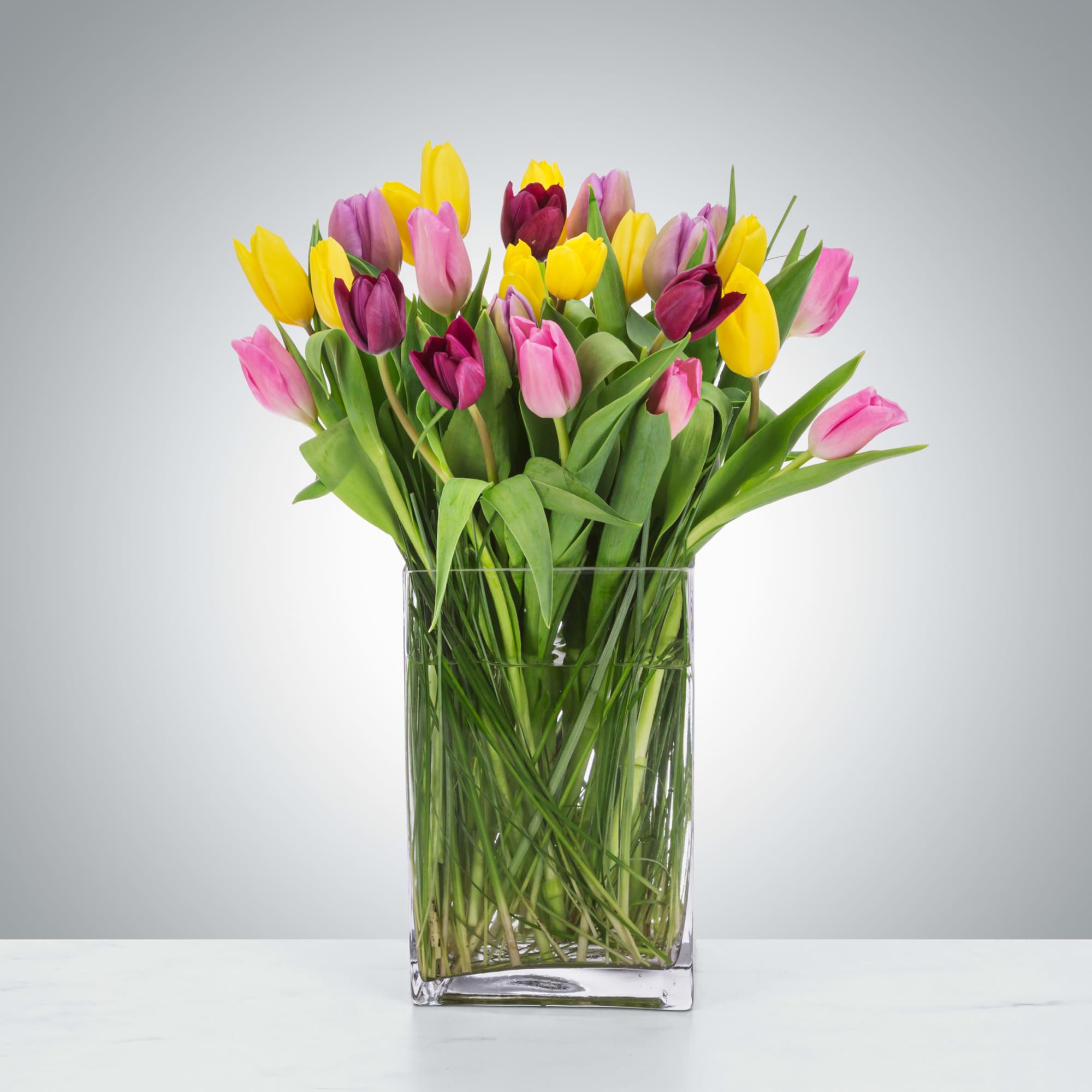 Mixed tulips in pink, yellow, and purple in a clear glass vase