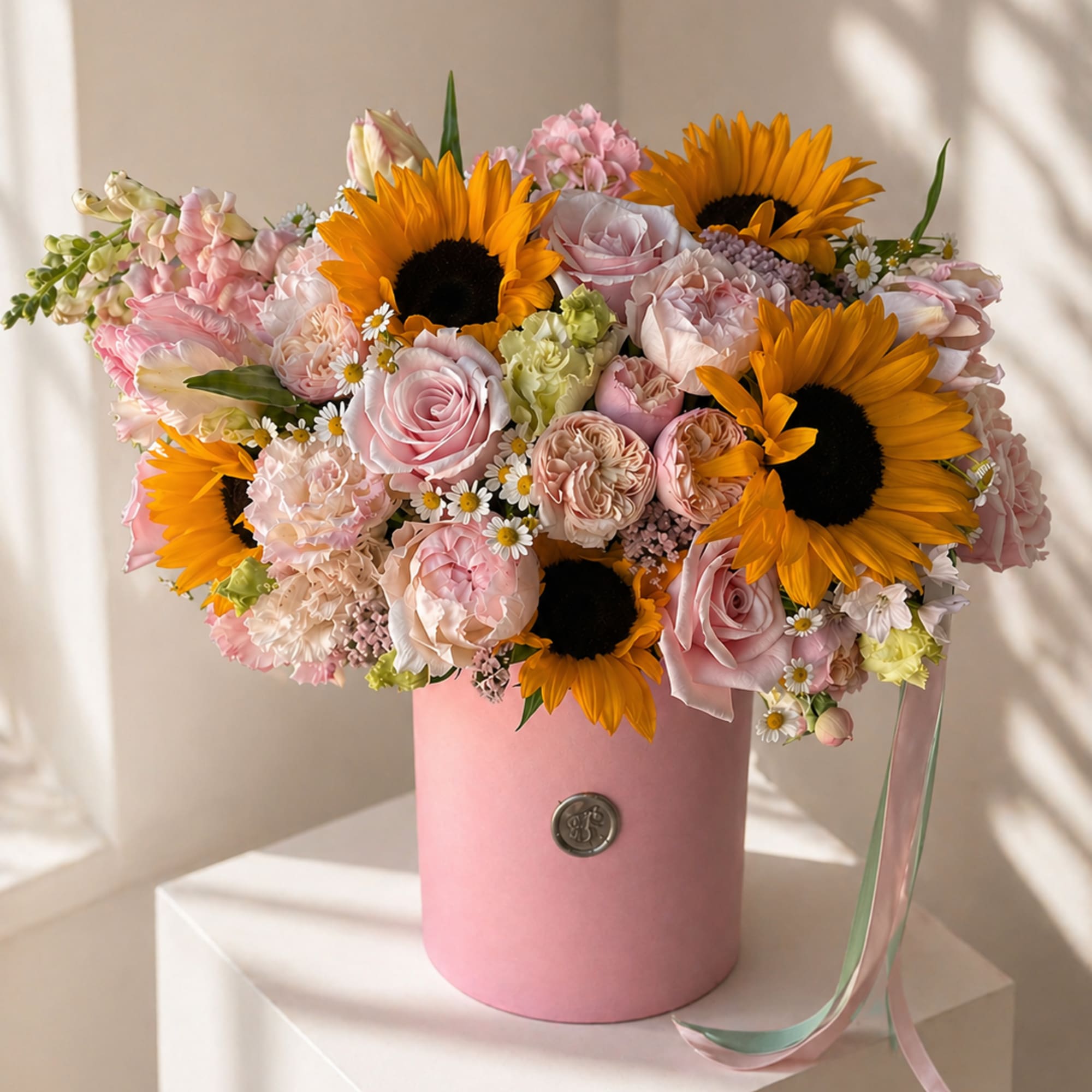 Contains golden sunflowers surrounded by an array of complementary blooms in warm