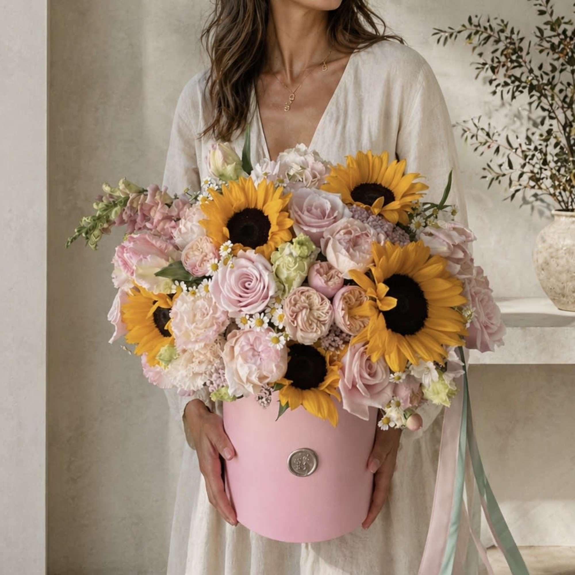 Contains golden sunflowers surrounded by an array of complementary blooms in warm