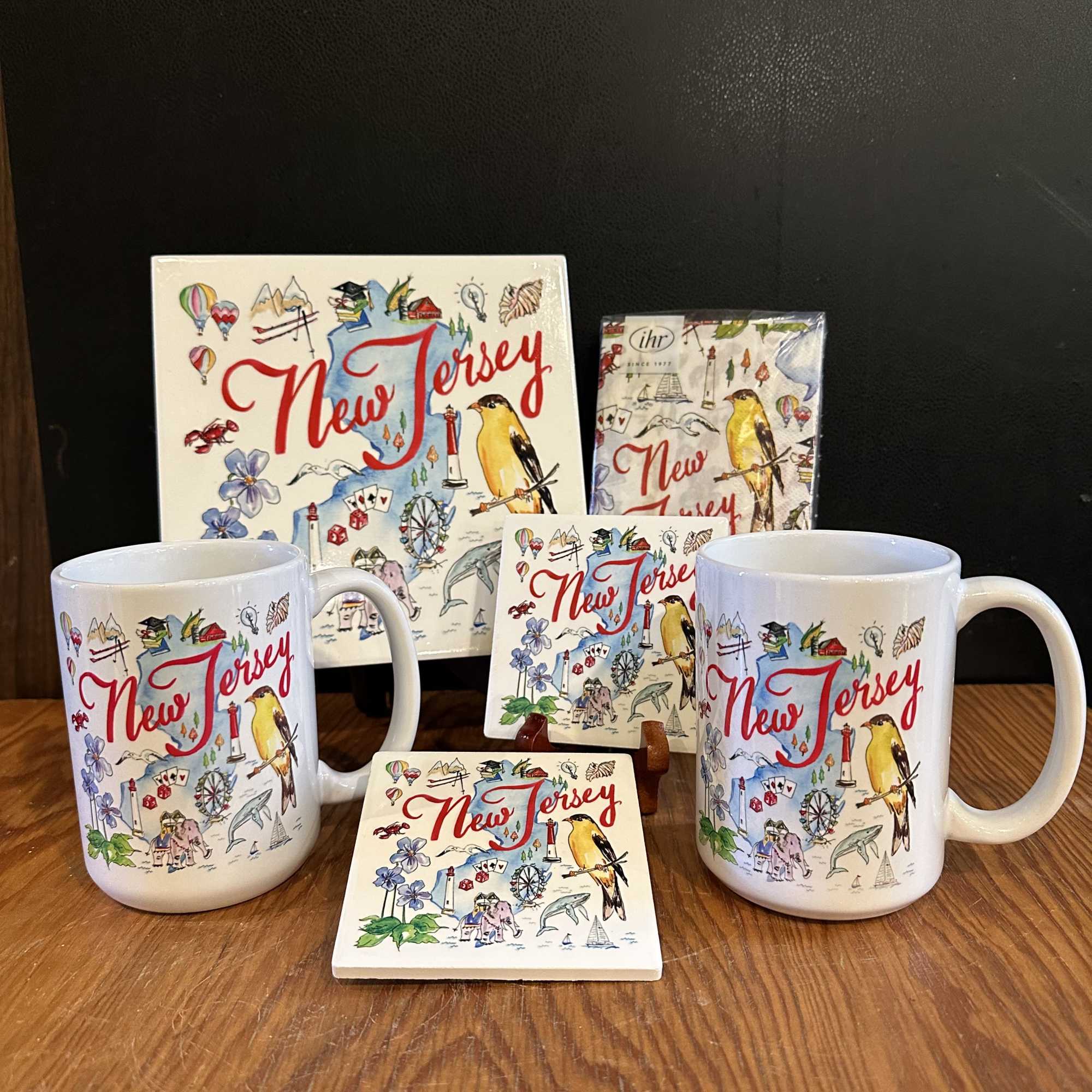 Includes 2 ceramic NJ mugs (15 oz), 2 NJ coasters, NJ trivet