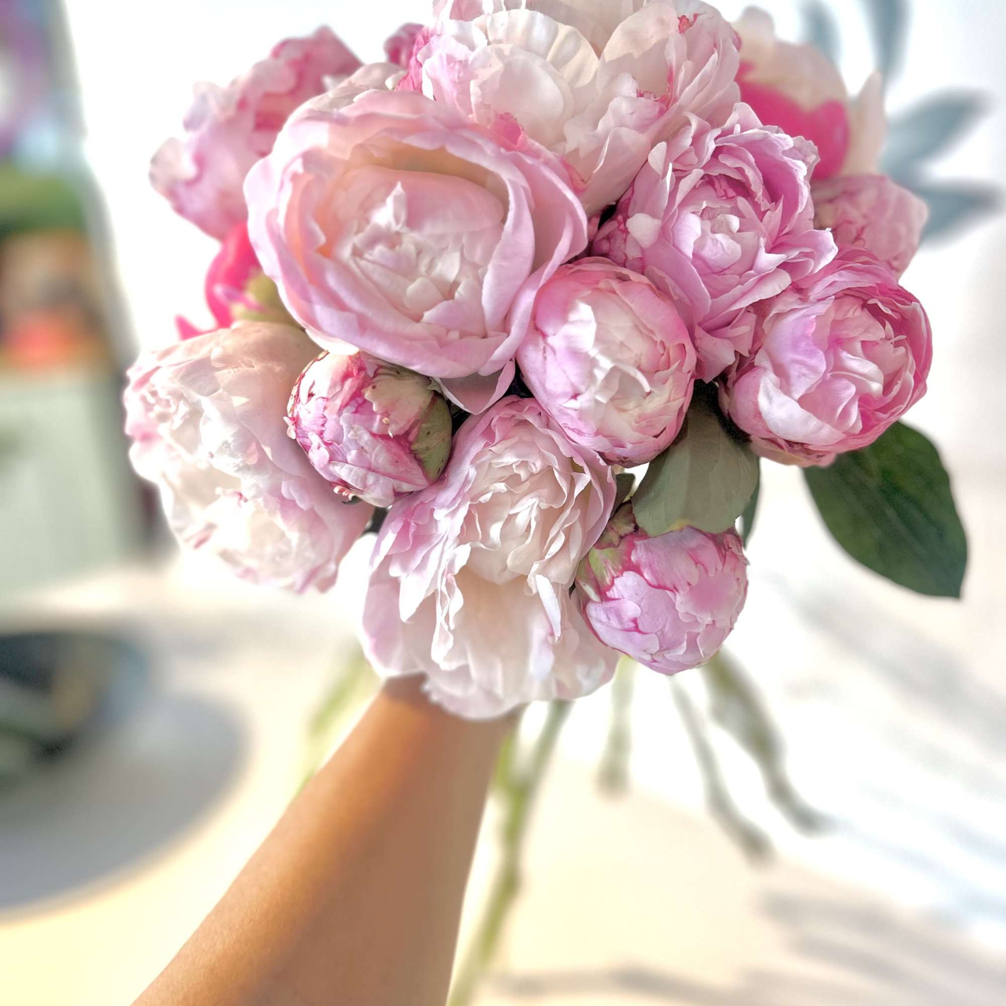 Lush pink peony wrapped bouquet style or vased (premium version). We use